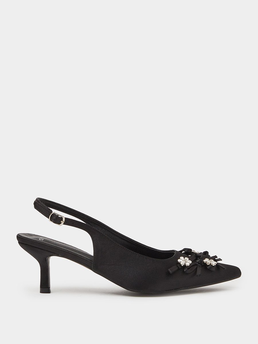 Black Mid Heel Slingback Pumps with Embellished Bow Detail