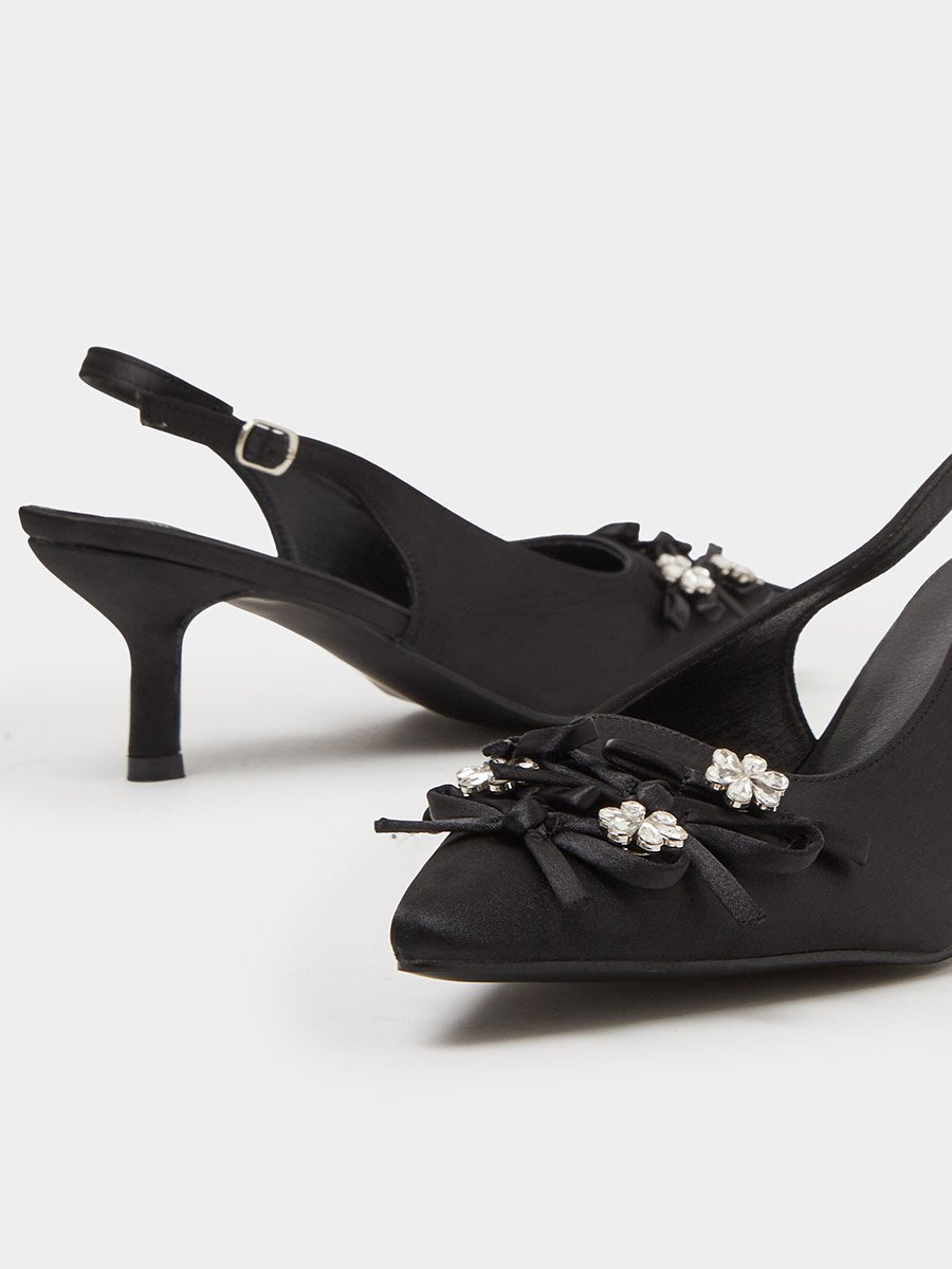 Black Mid Heel Slingback Pumps with Embellished Bow Detail
