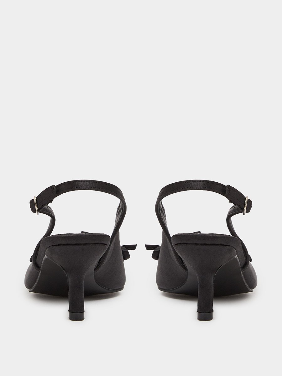Black Mid Heel Slingback Pumps with Embellished Bow Detail