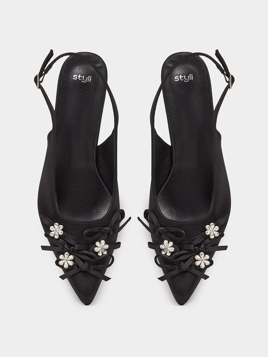 Black Mid Heel Slingback Pumps with Embellished Bow Detail