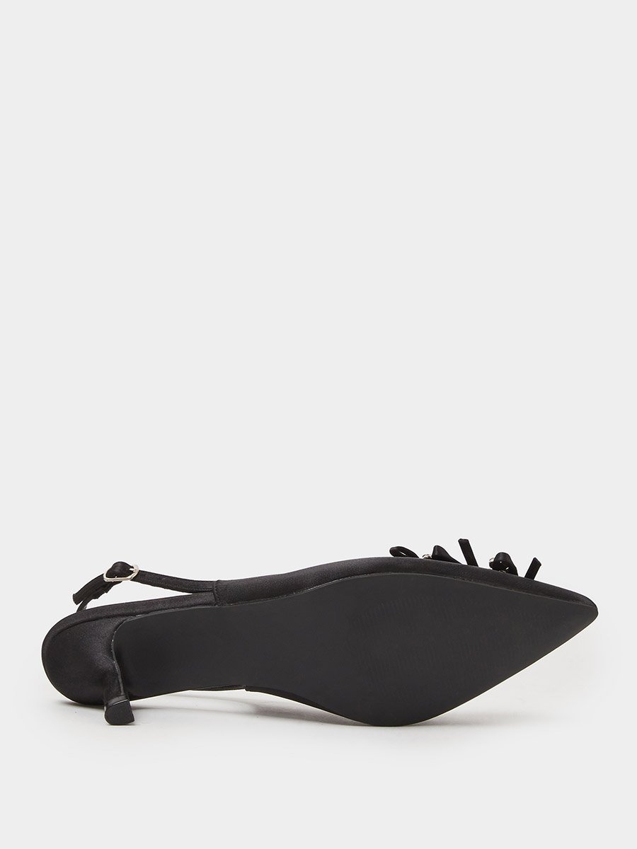 Black Mid Heel Slingback Pumps with Embellished Bow Detail