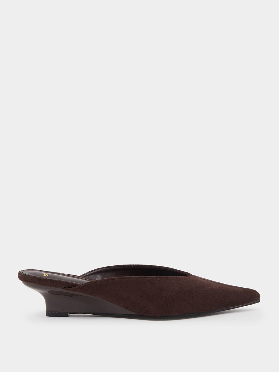 Brown Suede-Look Pointed Toe Mules
