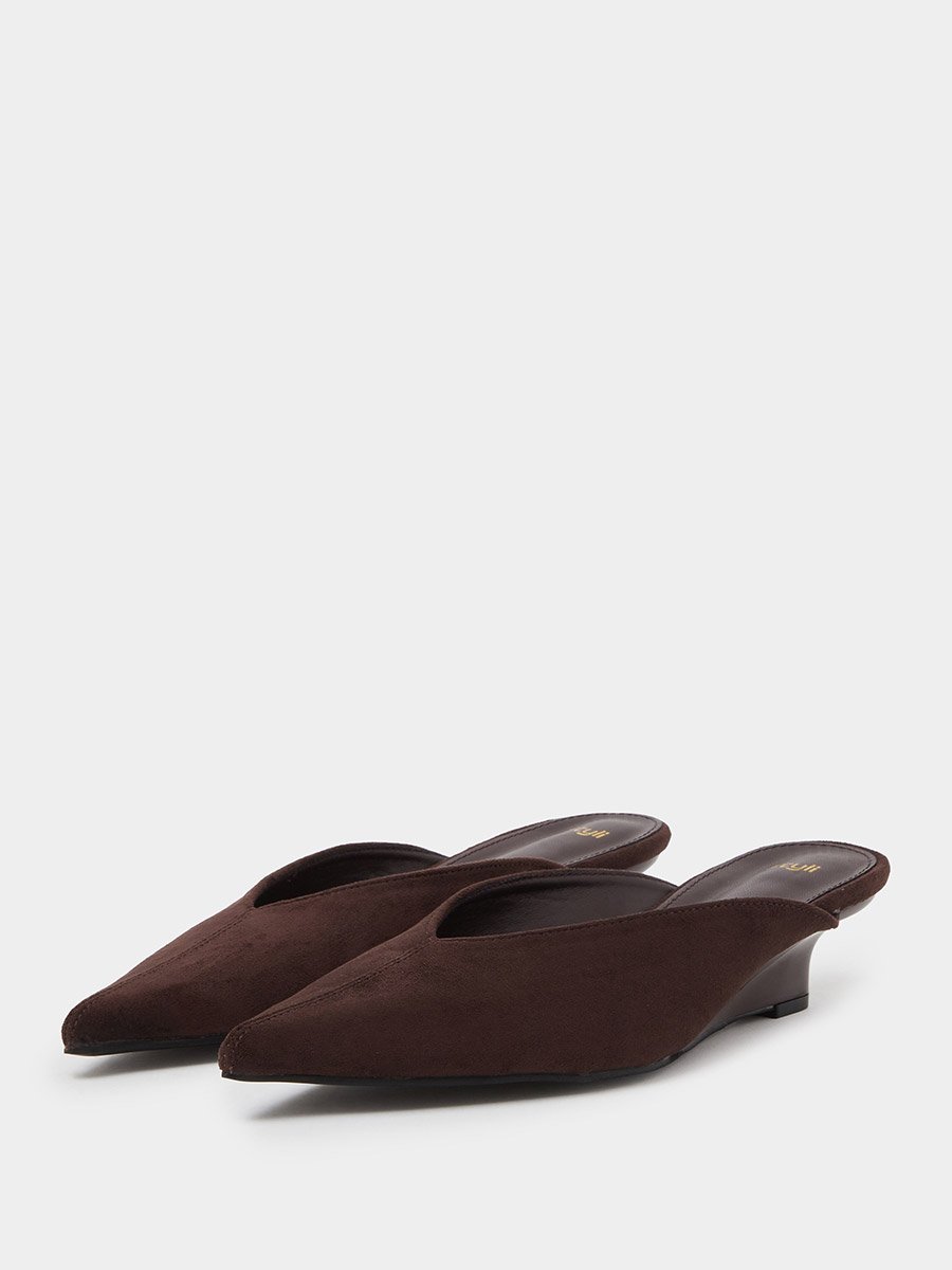 Brown Suede-Look Pointed Toe Mules