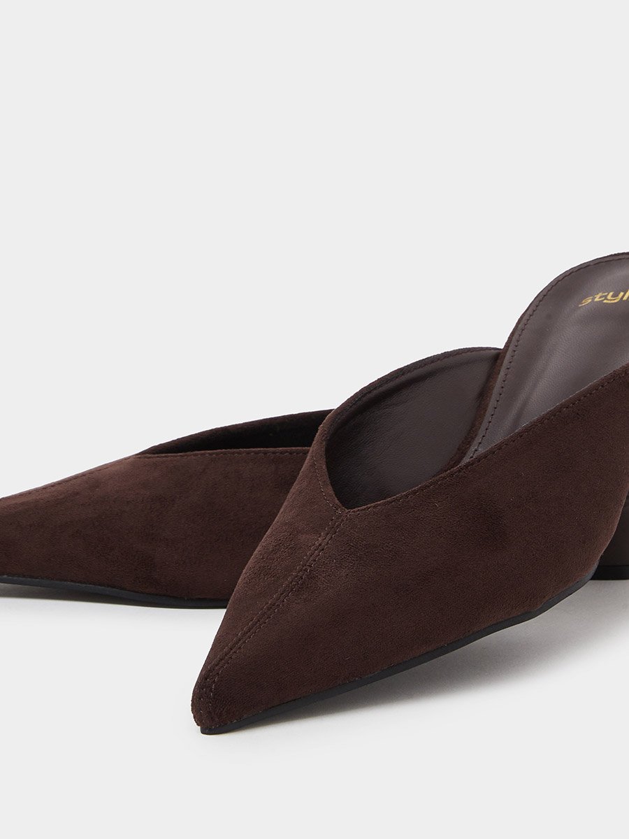 Brown Suede-Look Pointed Toe Mules