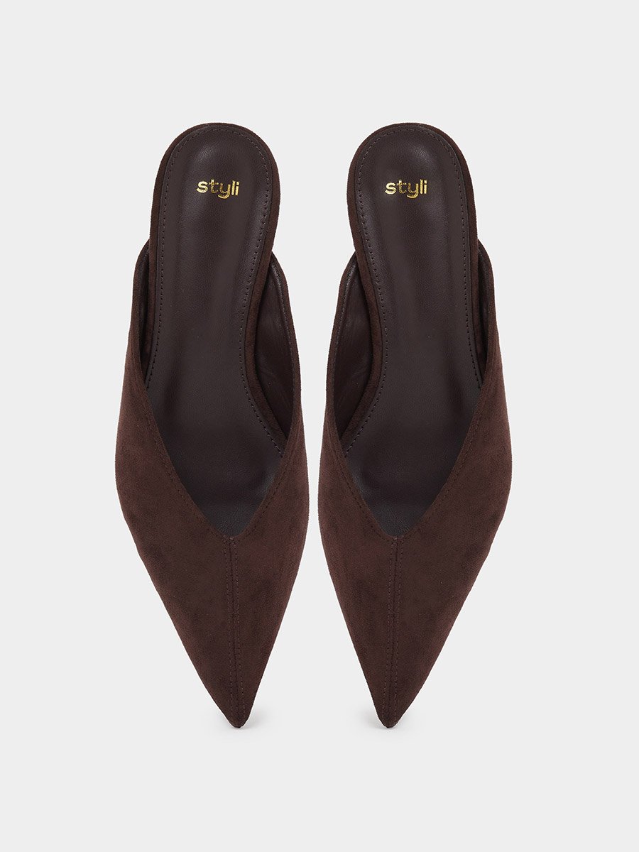 Brown Suede-Look Pointed Toe Mules