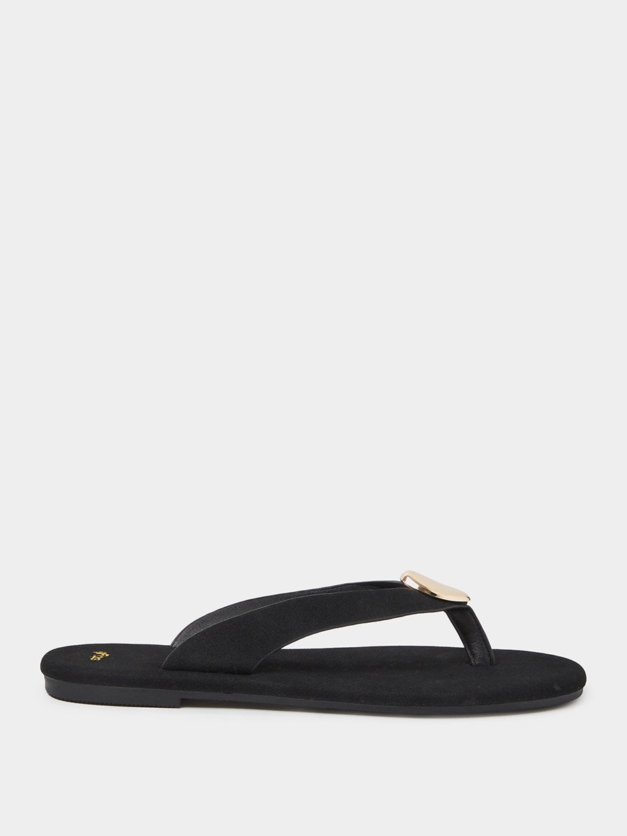 Black Flat Flip-Flops with Gold Tone Metallic Detail