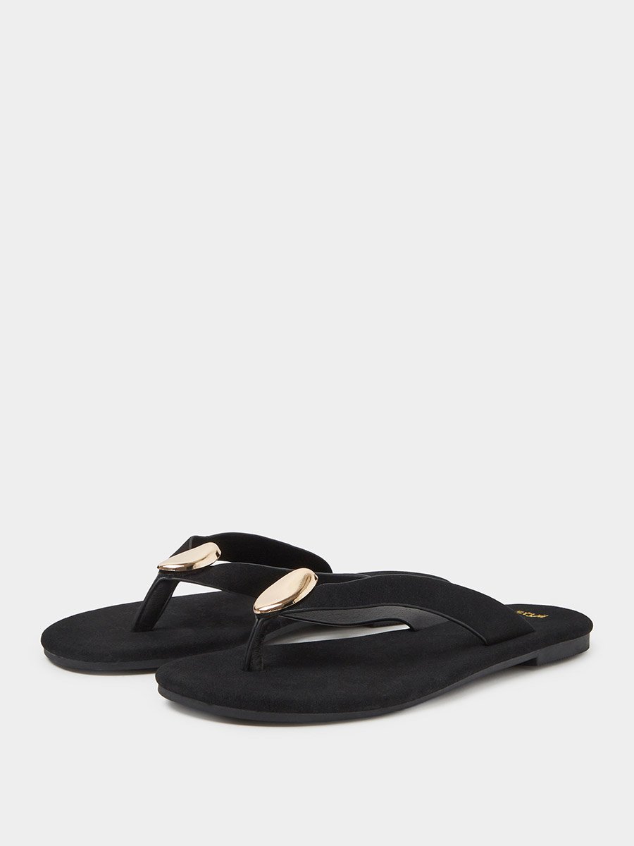 Black Flat Flip-Flops with Gold Tone Metallic Detail