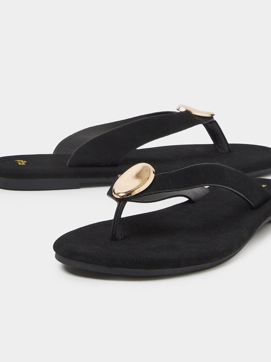 Black Flat Flip-Flops with Gold Tone Metallic Detail