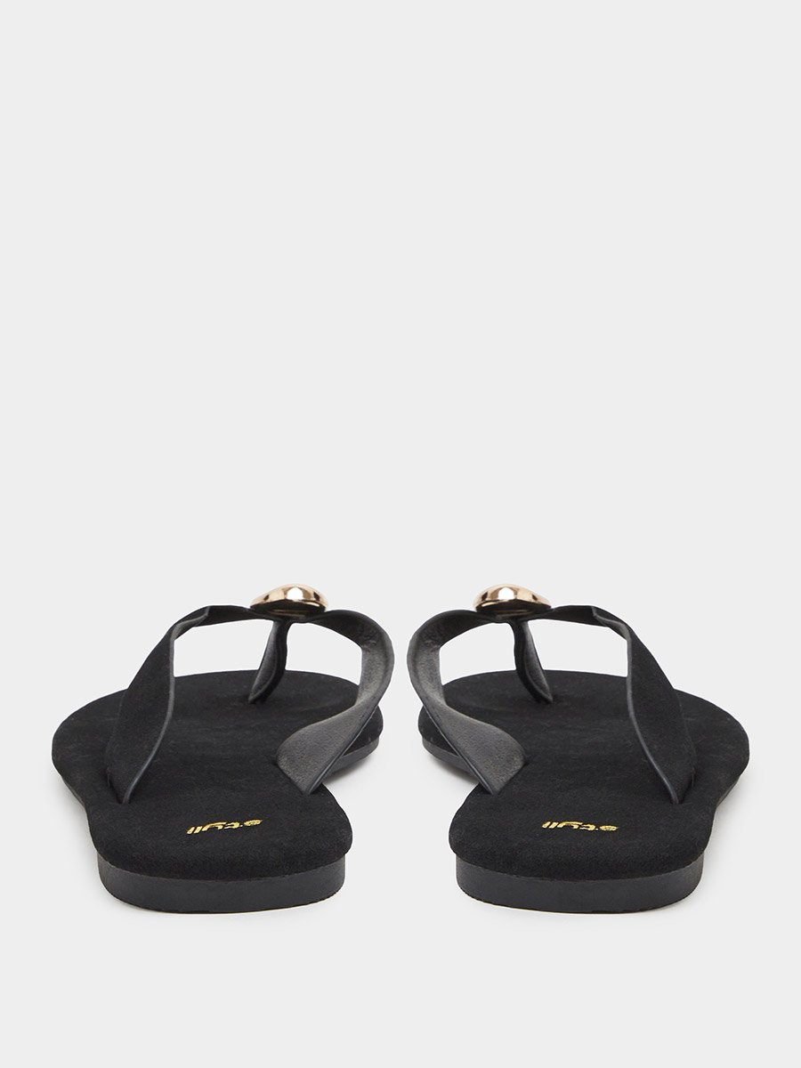 Black Flat Flip-Flops with Gold Tone Metallic Detail