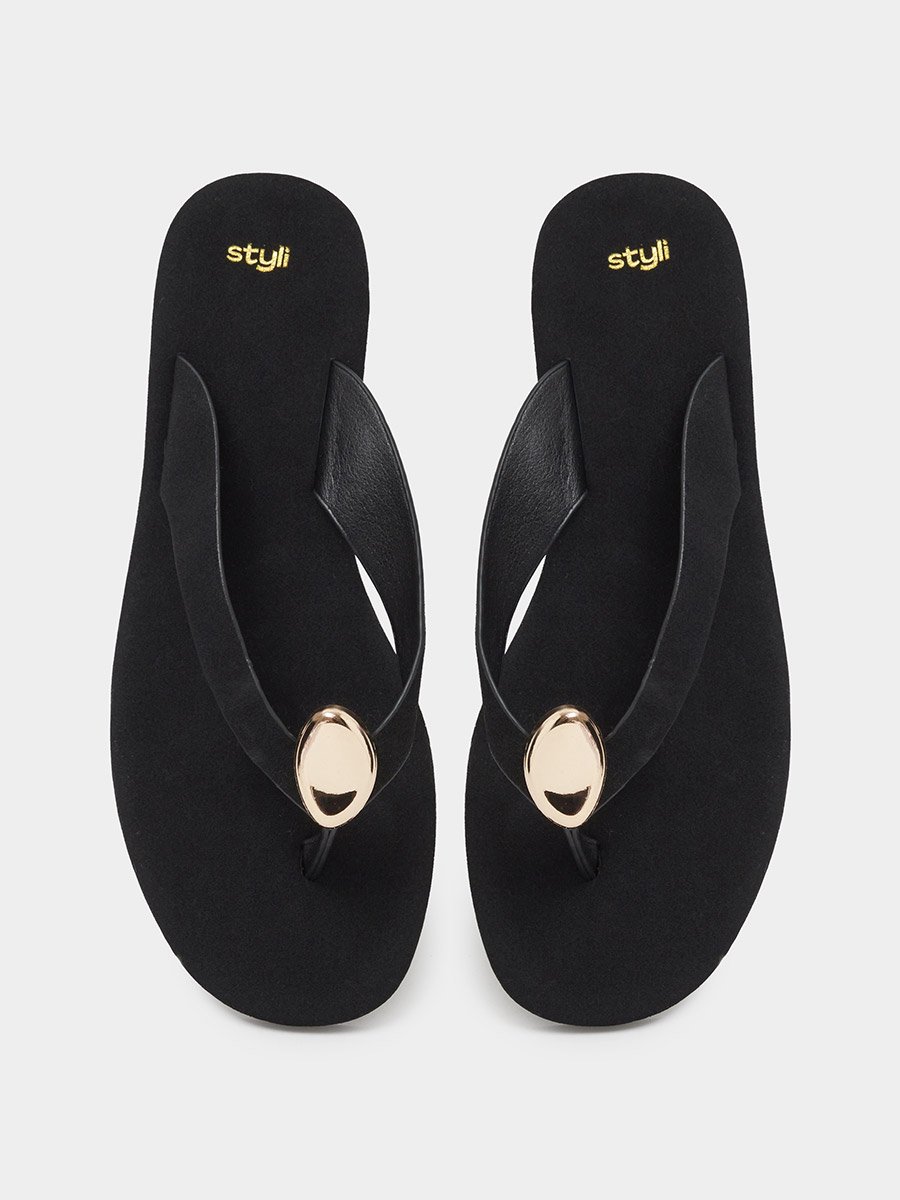 Black Flat Flip-Flops with Gold Tone Metallic Detail