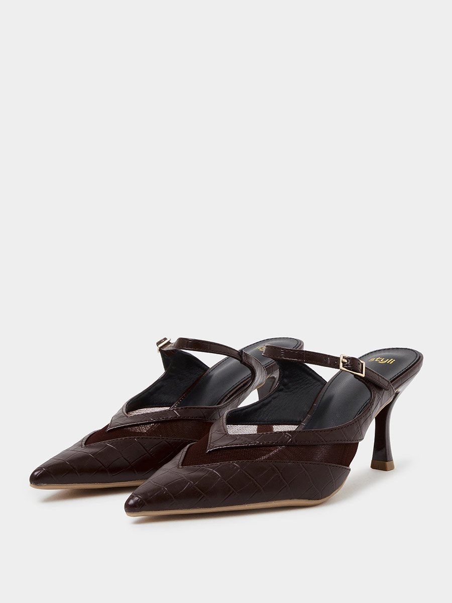 Brown Mesh Detail High Heel Mules