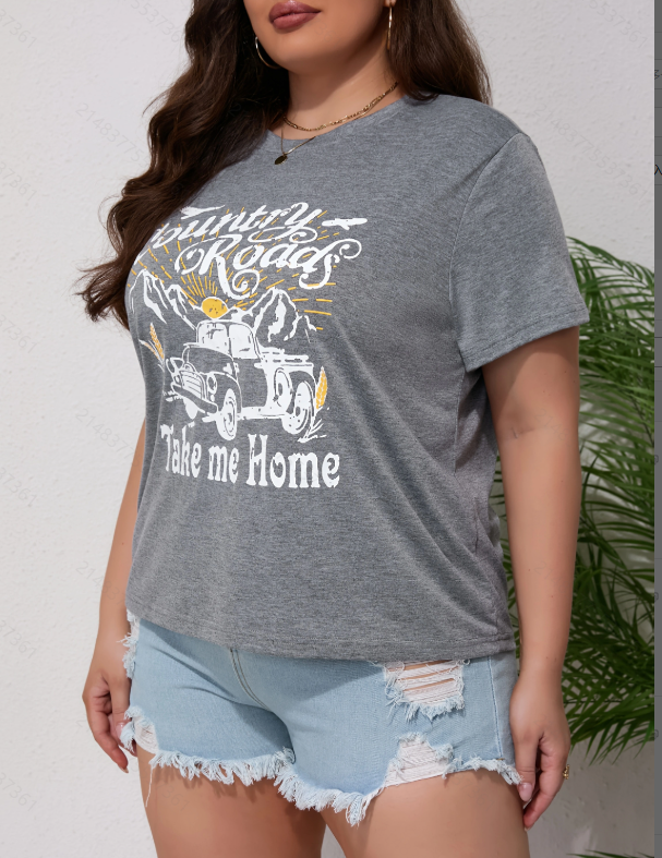 Plus Size Grey Short Sleeve Graphic T-Shirt