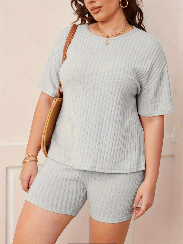Plus Size Grey Ribbed Short Sleeve Top and Shorts Pyjama Set