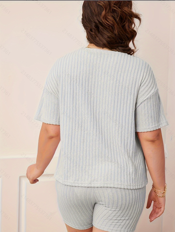 Plus Size Grey Ribbed Short Sleeve Top and Shorts Pyjama Set
