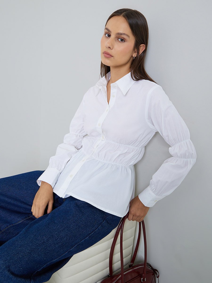 White Long Sleeve Cinched-Waist Shirt