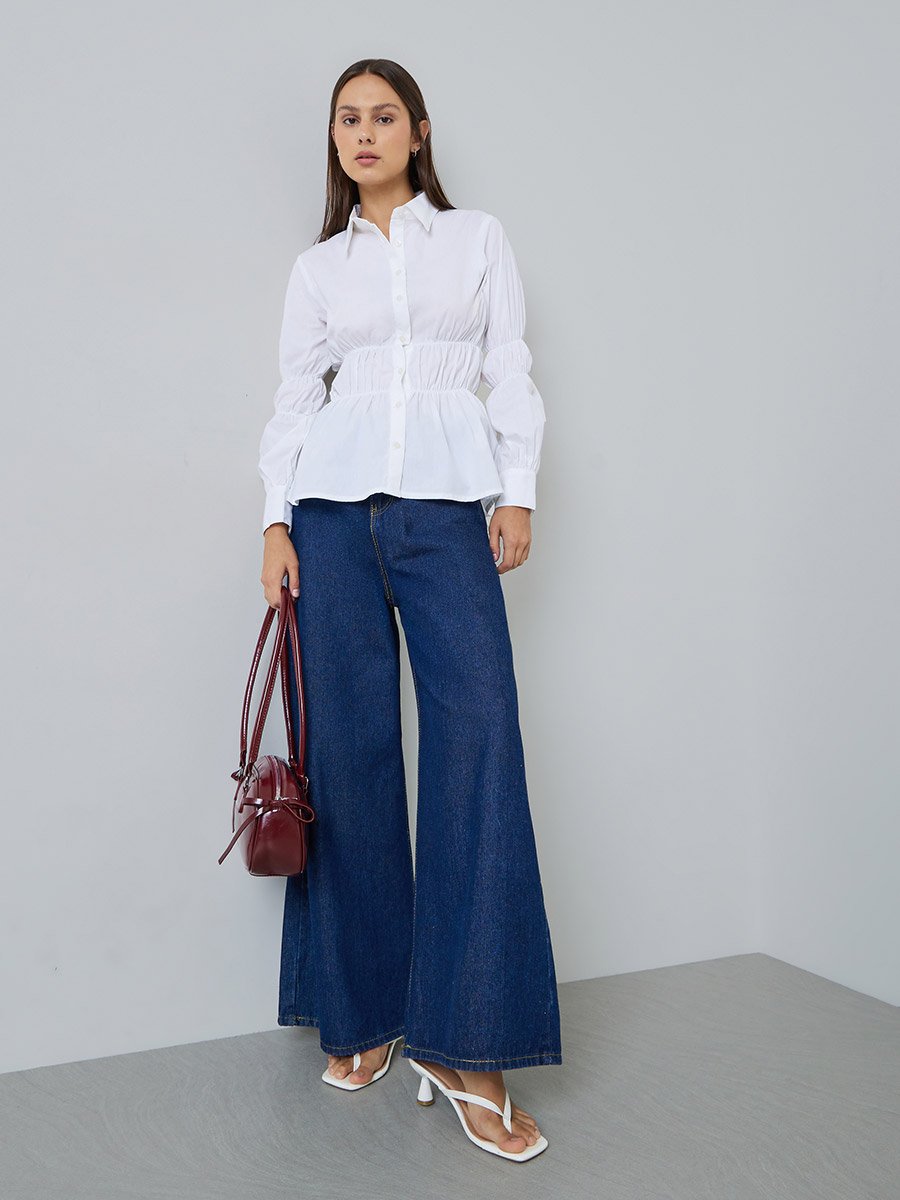 White Long Sleeve Cinched-Waist Shirt