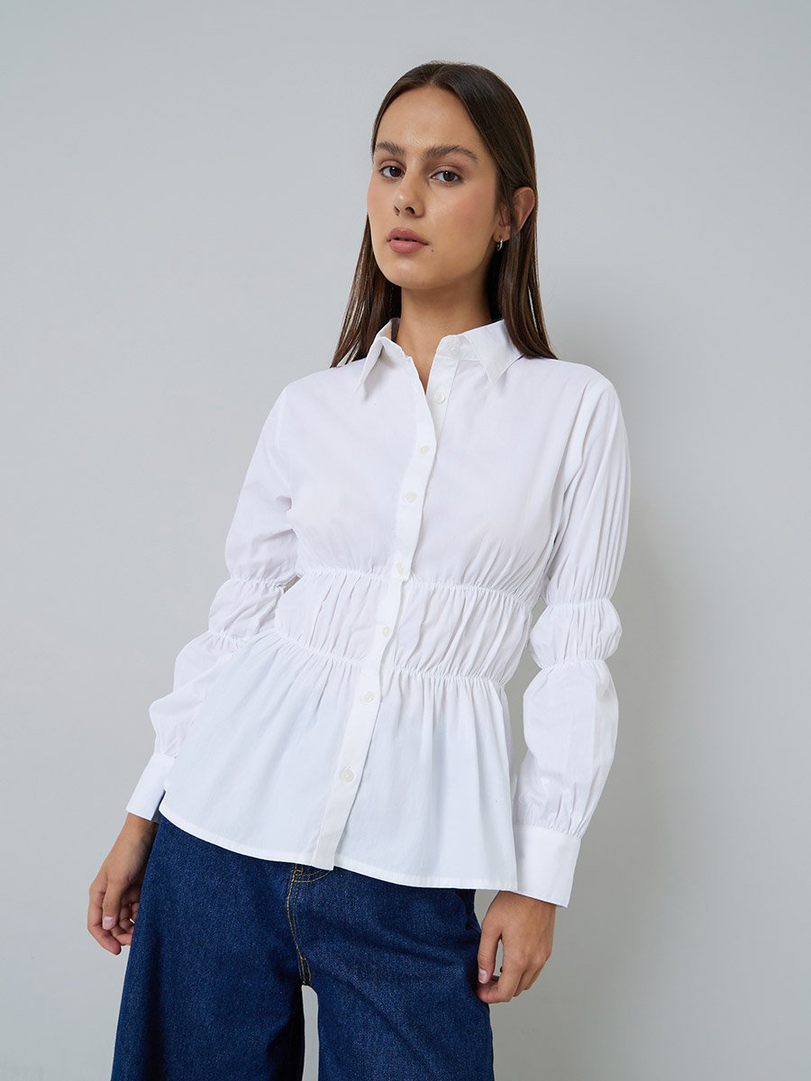 White Long Sleeve Cinched-Waist Shirt