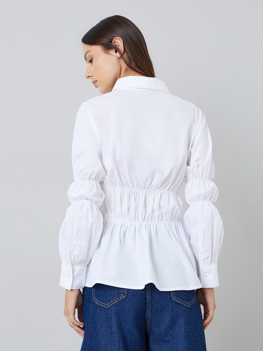 White Long Sleeve Cinched-Waist Shirt