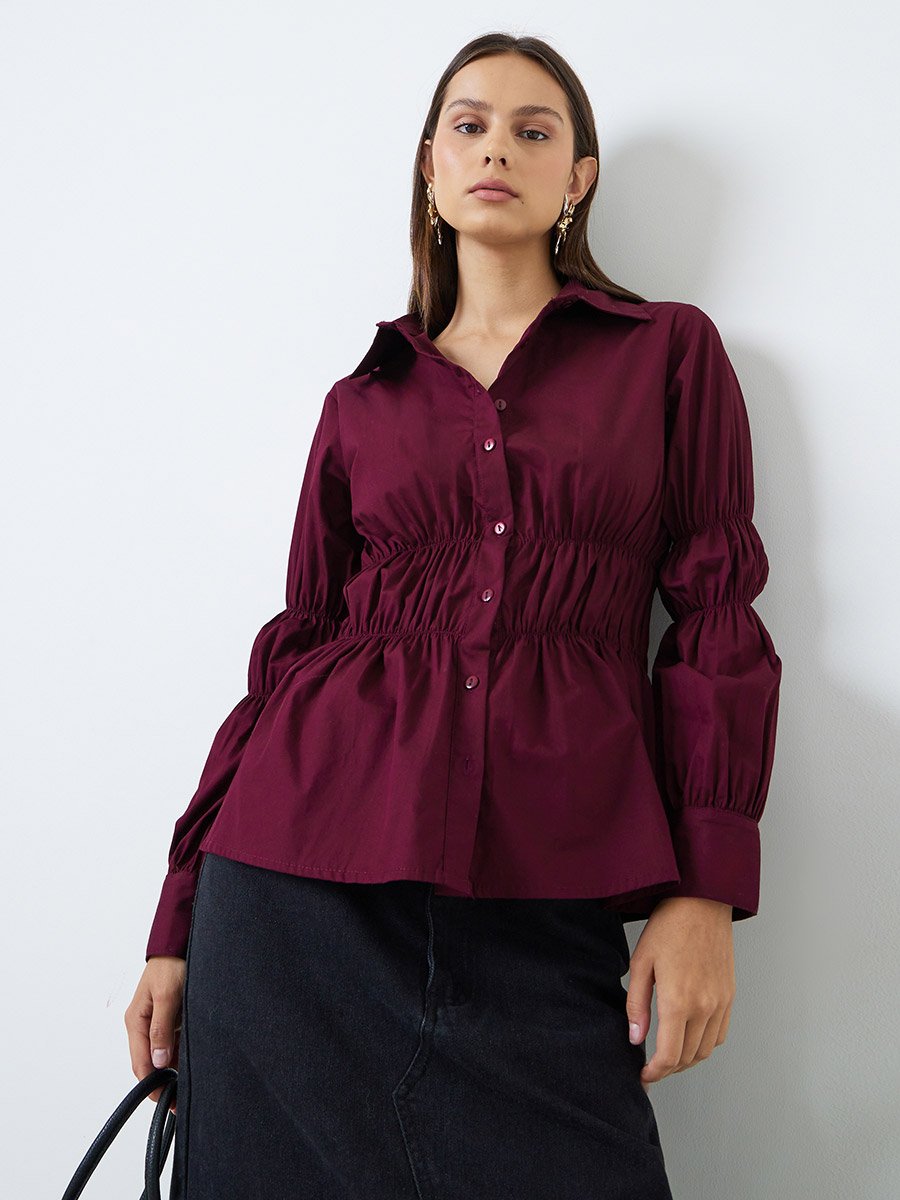 Burgundy Long Sleeve Cinched-Waist Shirt