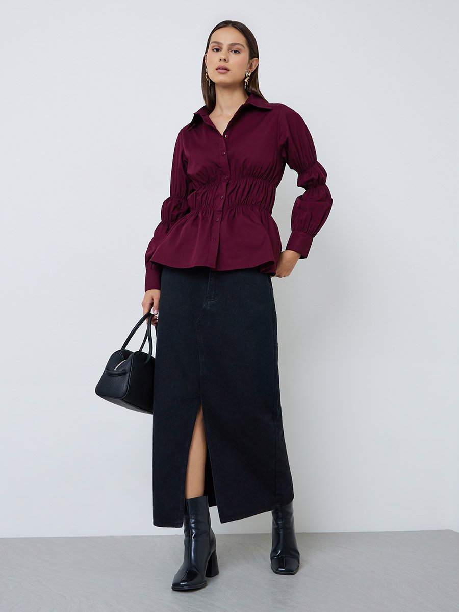 Burgundy Long Sleeve Cinched-Waist Shirt
