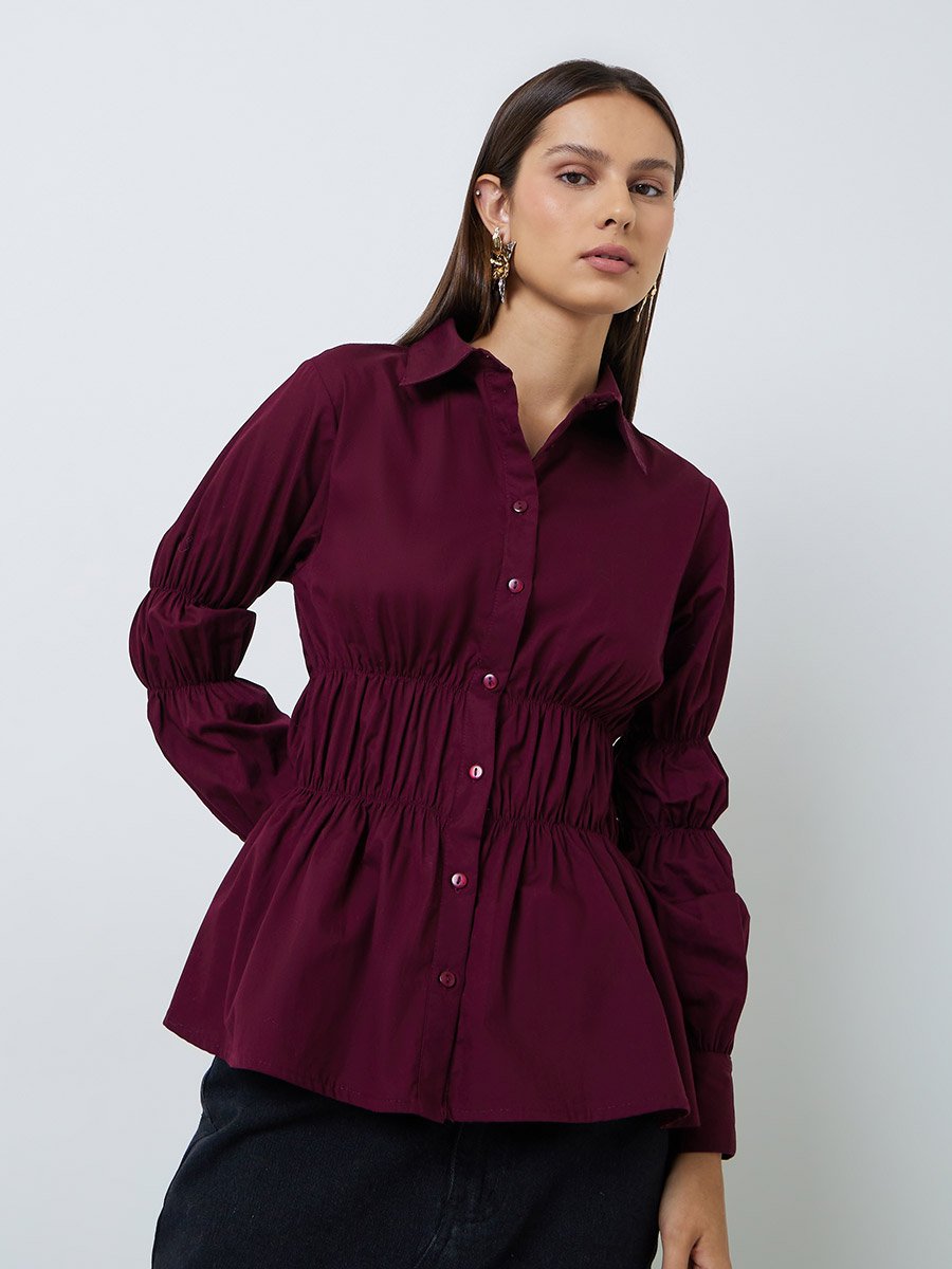 Burgundy Long Sleeve Cinched-Waist Shirt