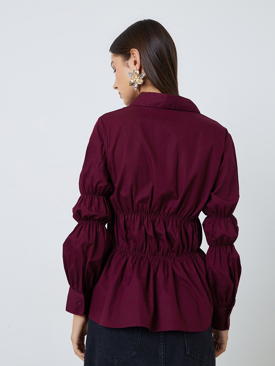 Burgundy Long Sleeve Cinched-Waist Shirt