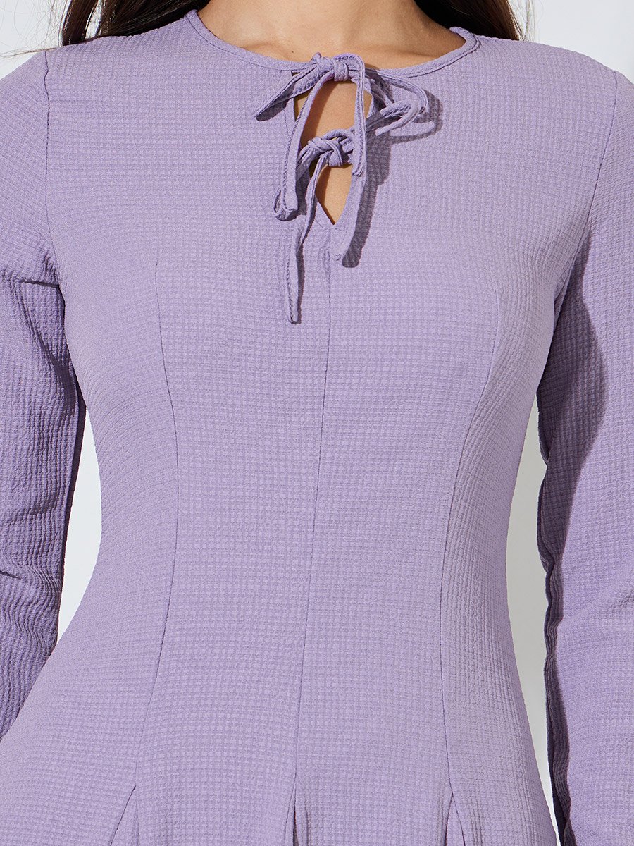 Lilac Textured Pleated Details Tie-Up Neck A-Line Maxi Dress