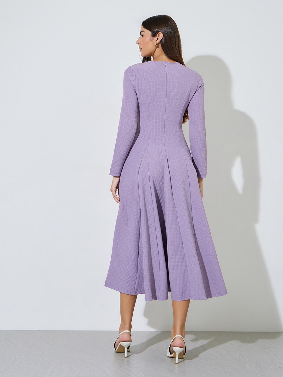 Lilac Textured Pleated Details Tie-Up Neck A-Line Maxi Dress
