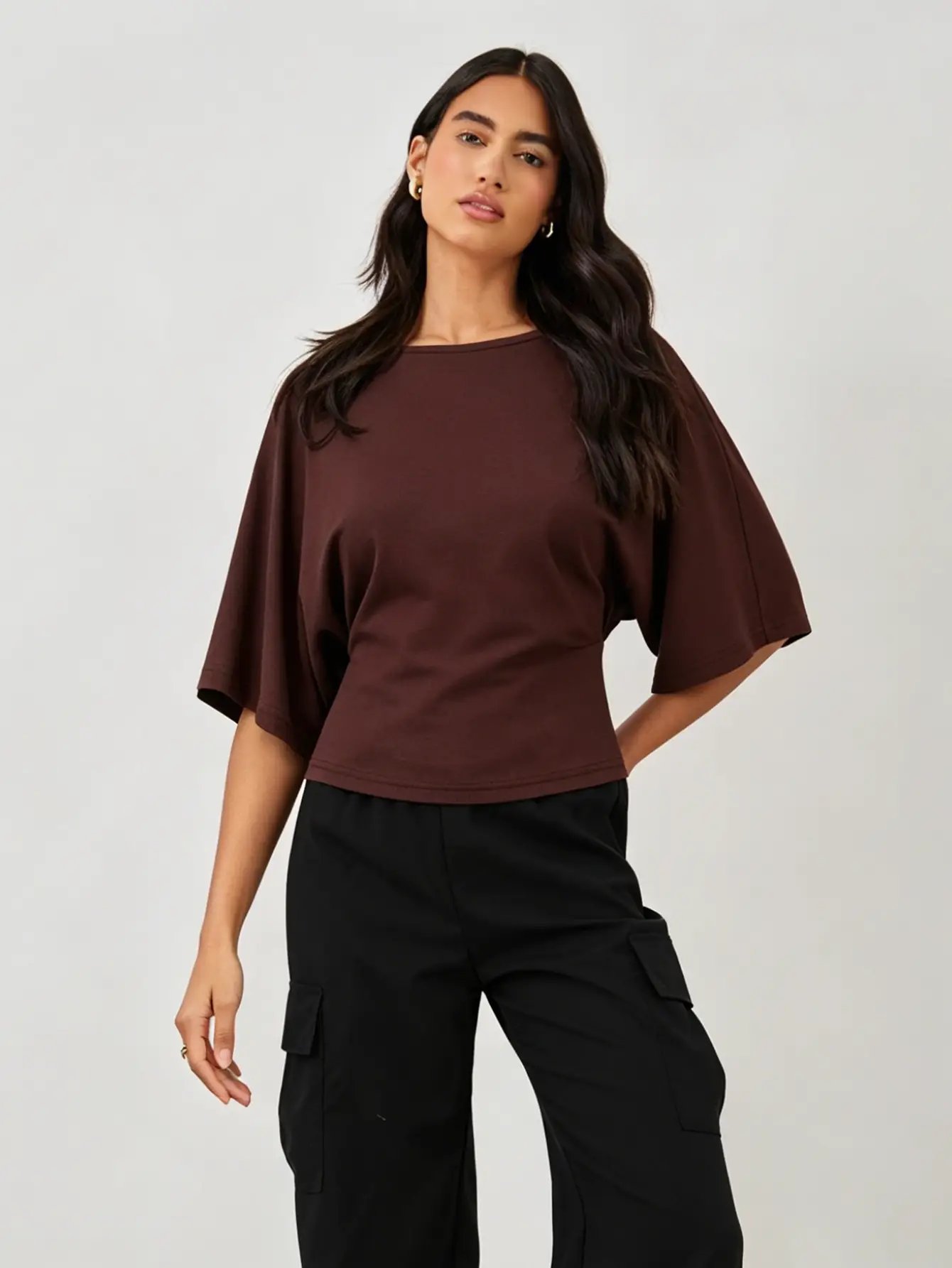 Brown Cinched Waist Batwing Sleeve Top