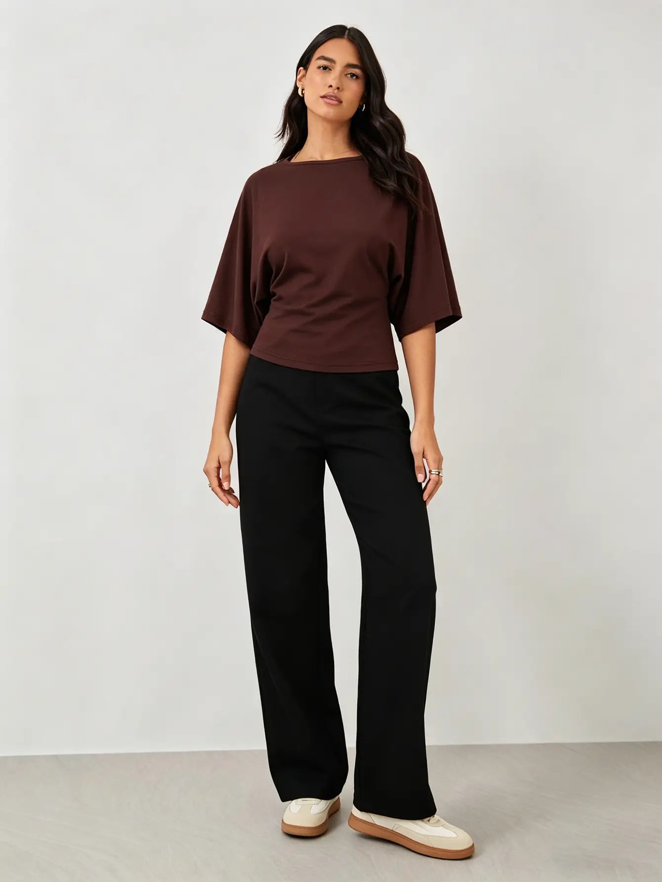 Brown Cinched Waist Batwing Sleeve Top