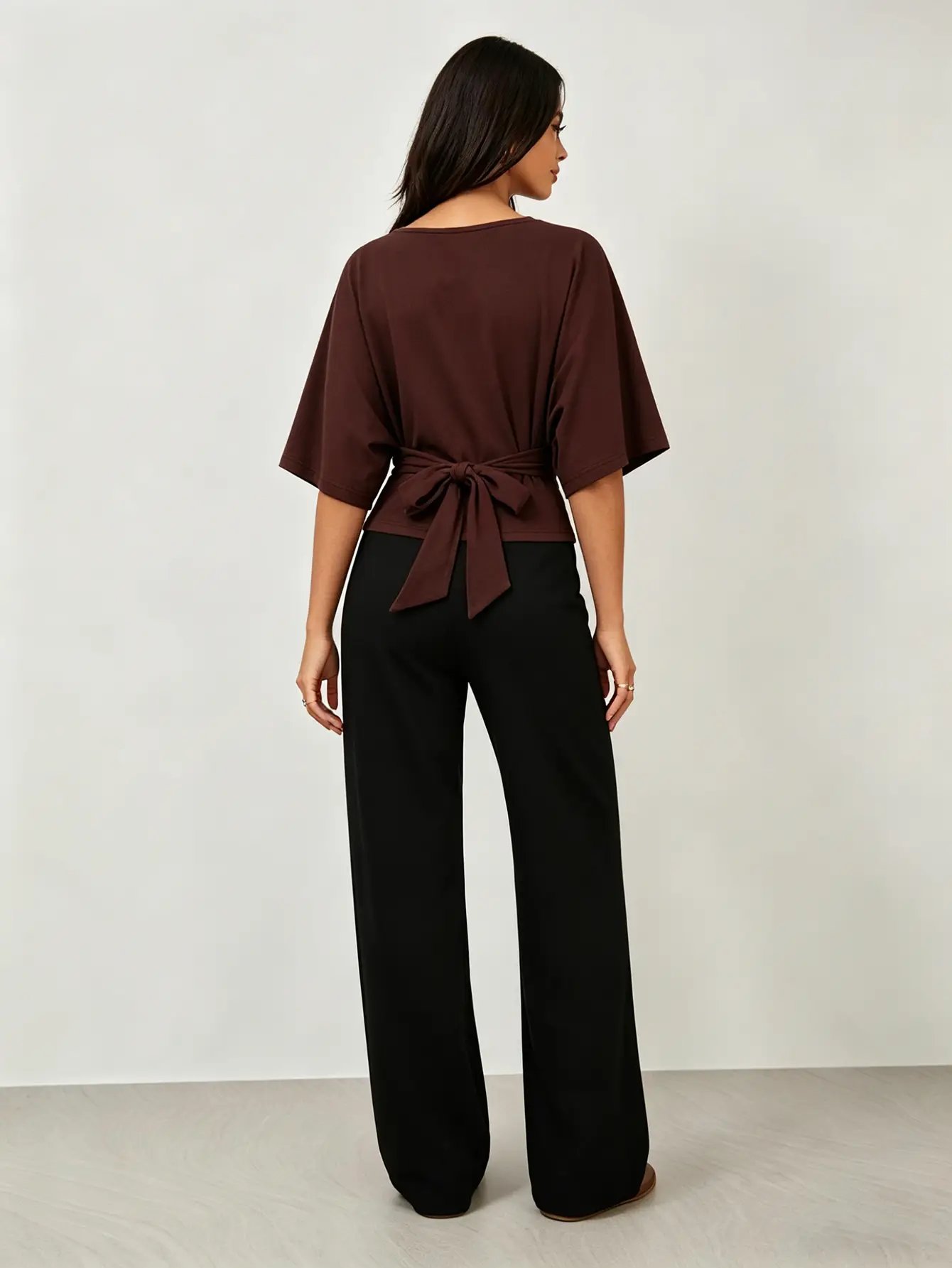 Brown Cinched Waist Batwing Sleeve Top