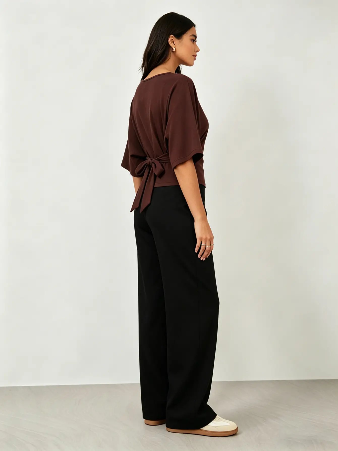Brown Cinched Waist Batwing Sleeve Top