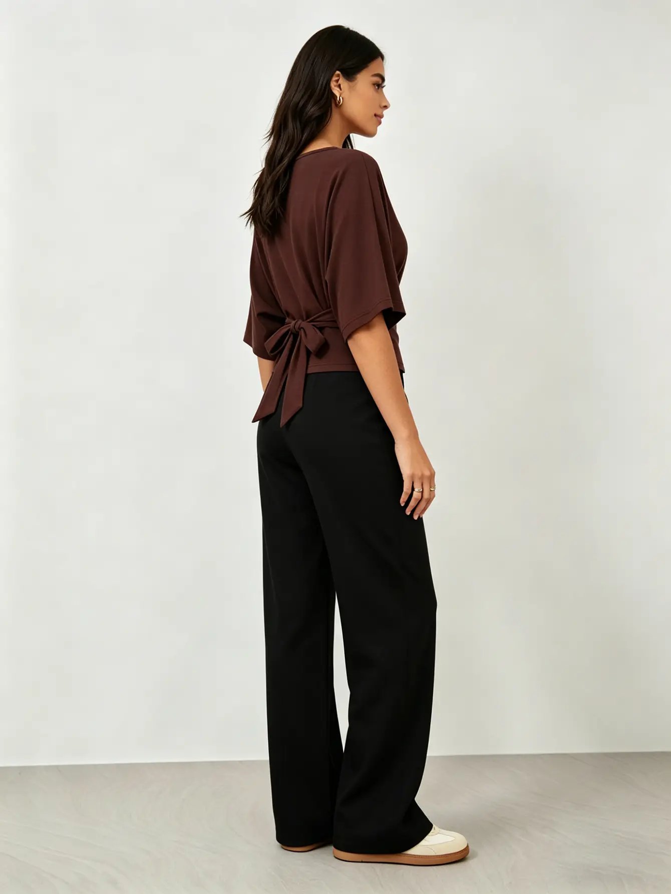 Brown Cinched Waist Batwing Sleeve Top