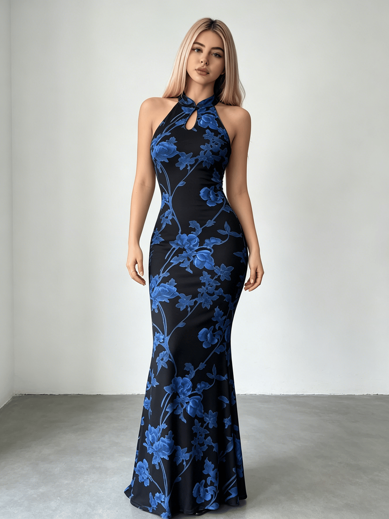 Black Floral Qipao-Style Mermaid Hem Maxi Dress
