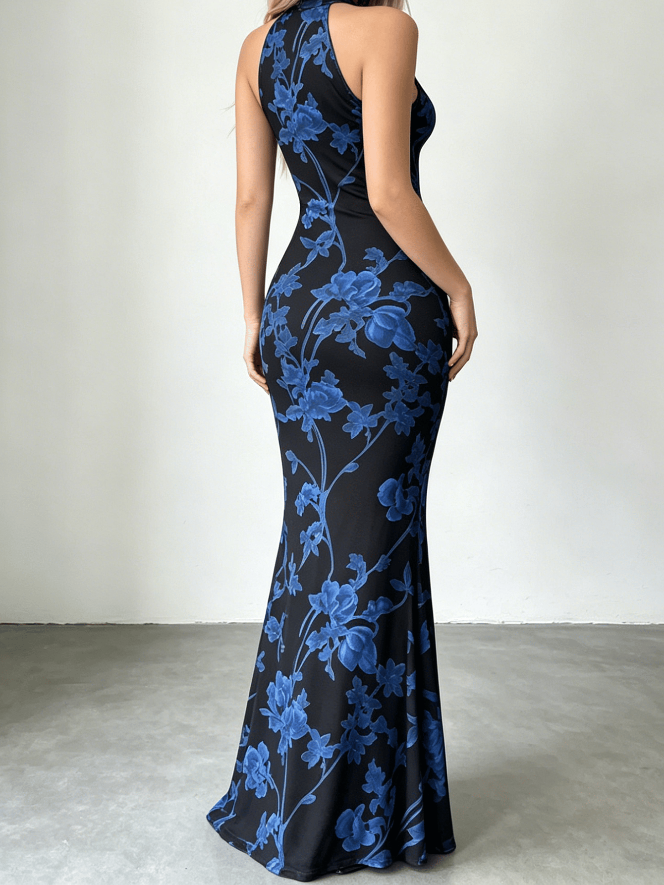 Black Floral Qipao-Style Mermaid Hem Maxi Dress