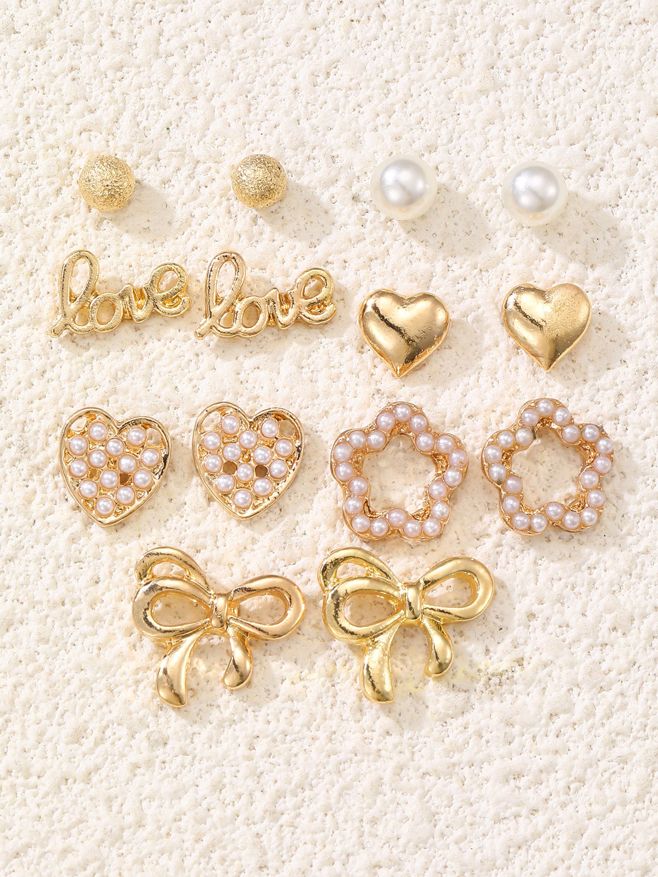 Set of 7 - Heart and Bow Stud Earrings