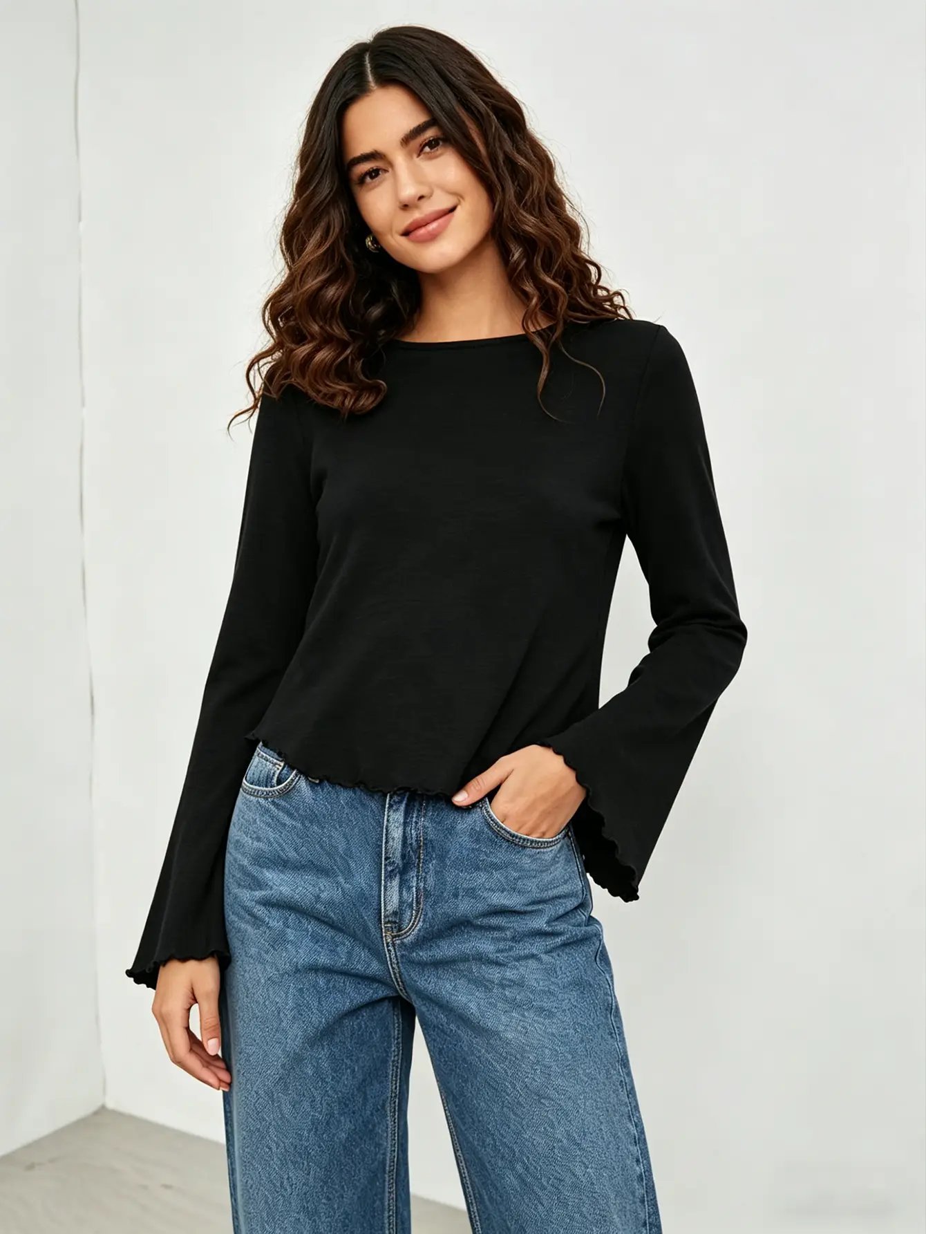 Black Flare Sleeve Top with Lettuce Trim
