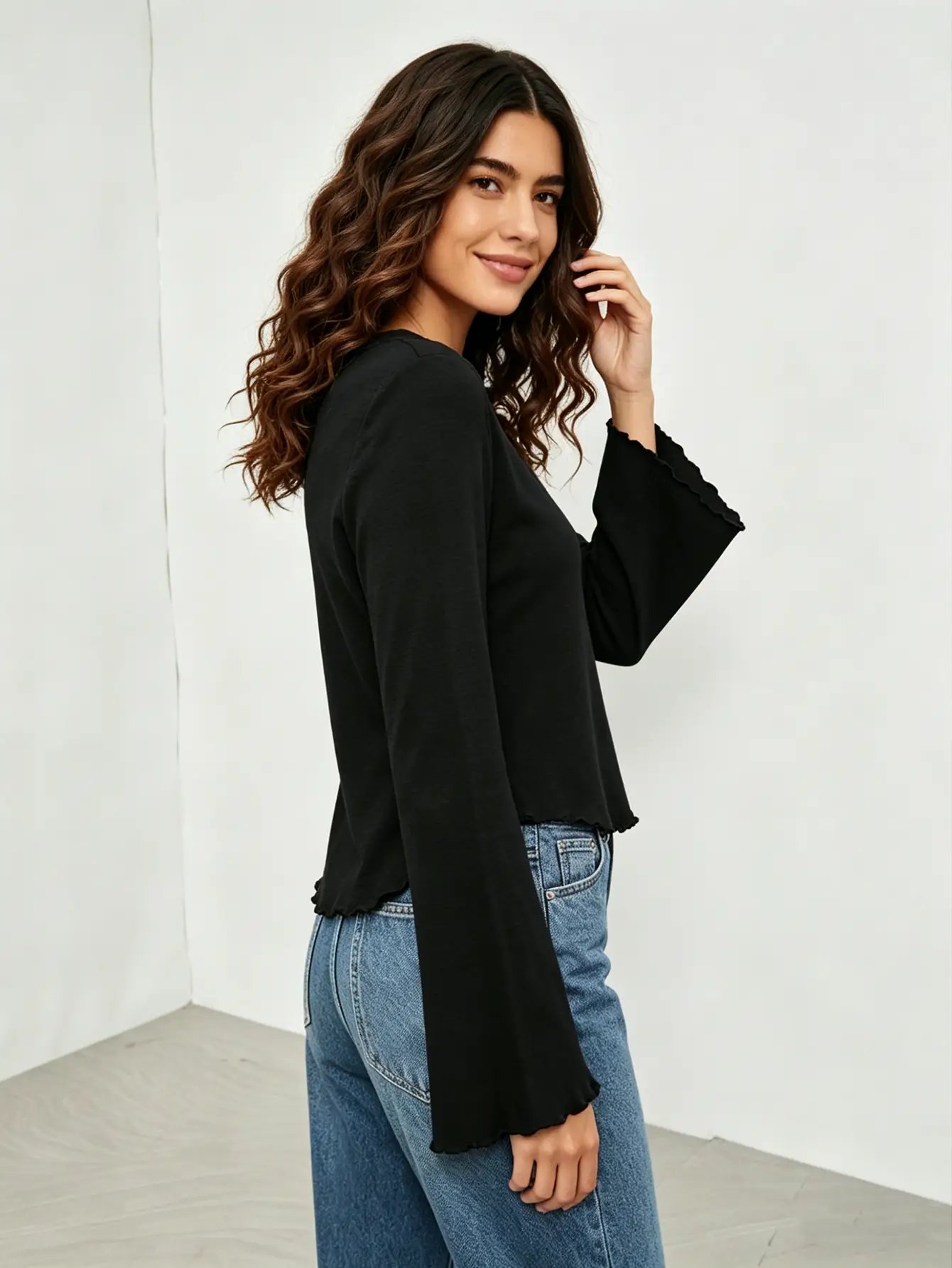 Black Flare Sleeve Top with Lettuce Trim