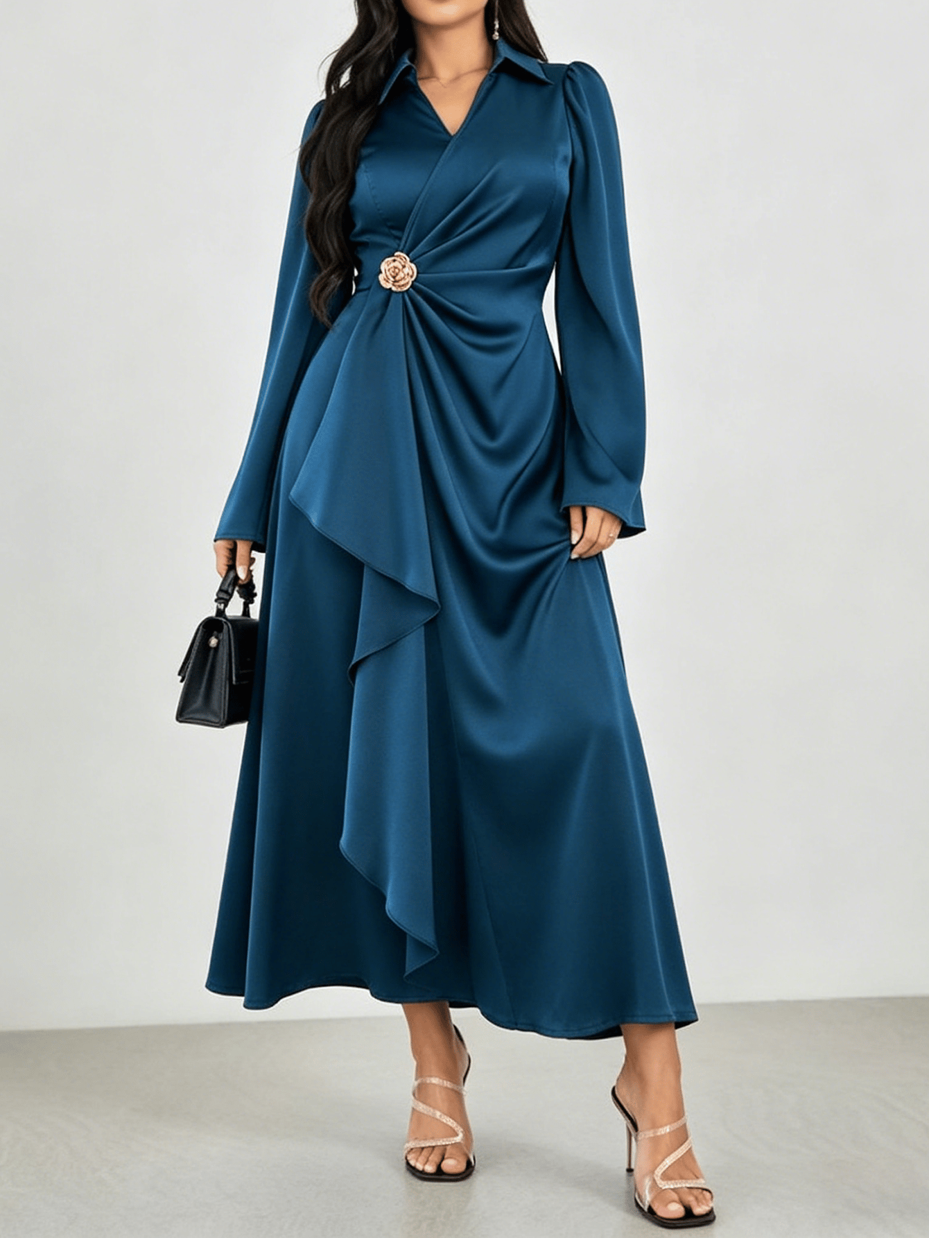 Teal Draped Satin Maxi Dress with Brooch Detail