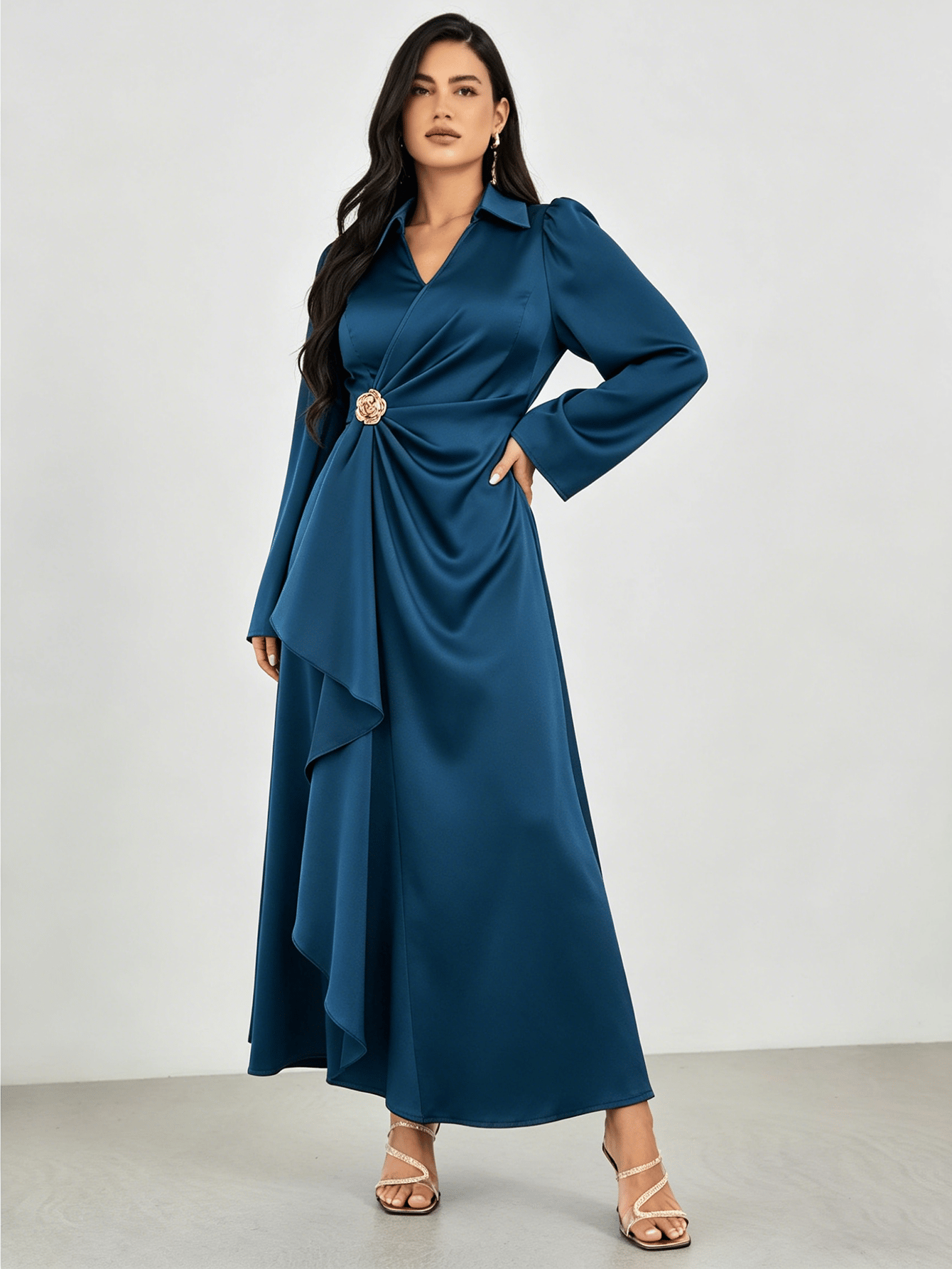 Teal Draped Satin Maxi Dress with Brooch Detail