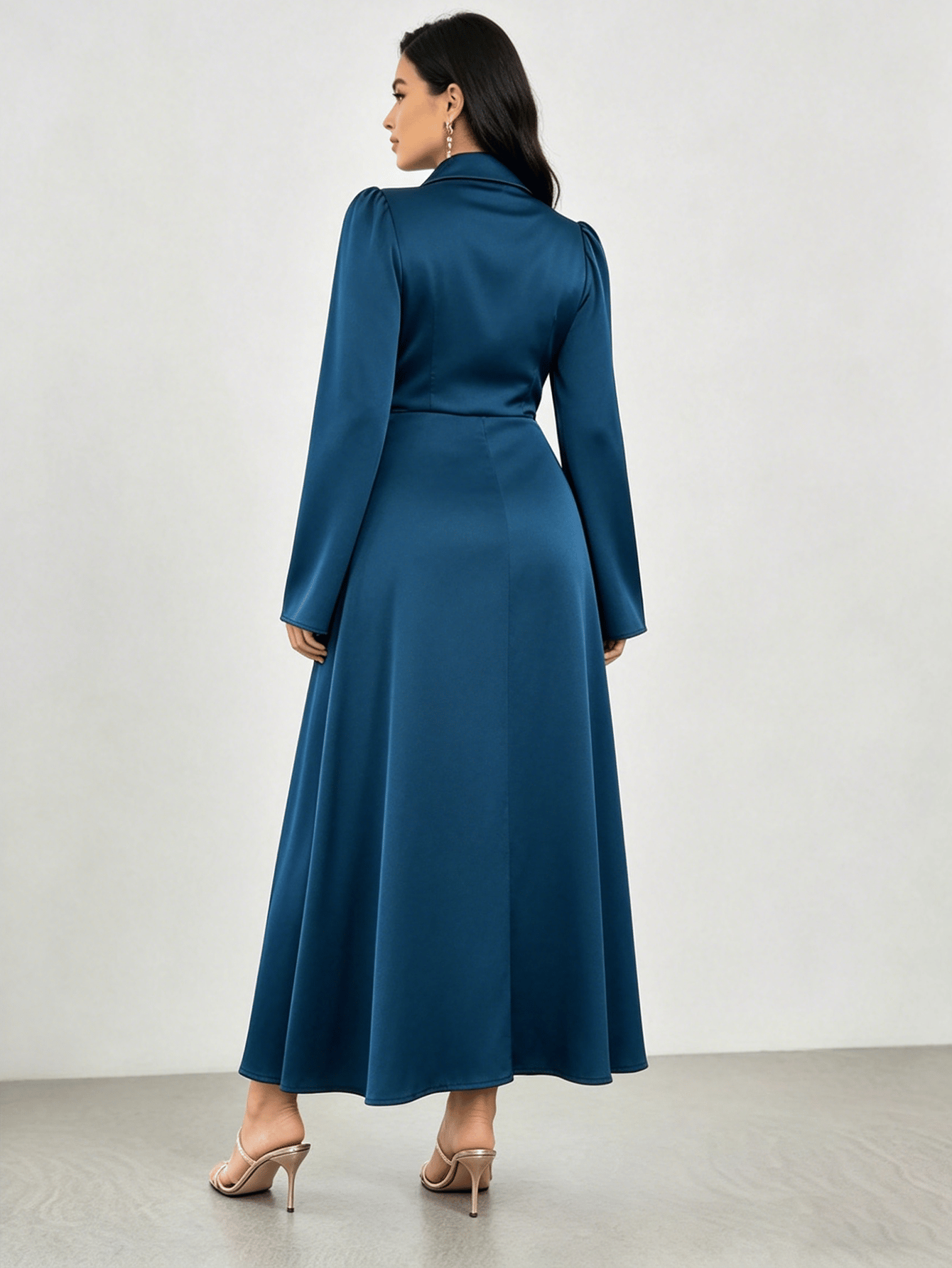 Teal Draped Satin Maxi Dress with Brooch Detail