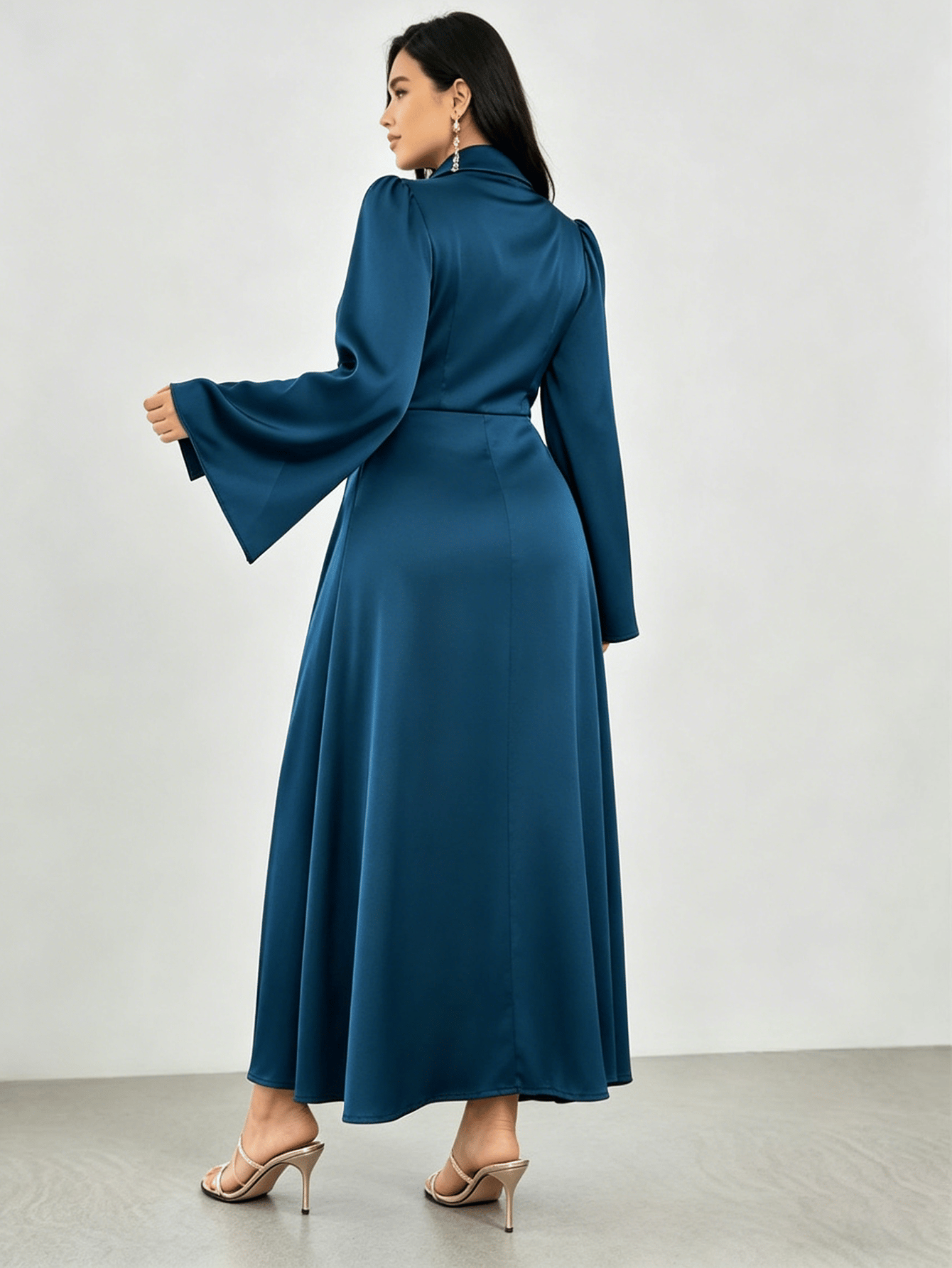Teal Draped Satin Maxi Dress with Brooch Detail