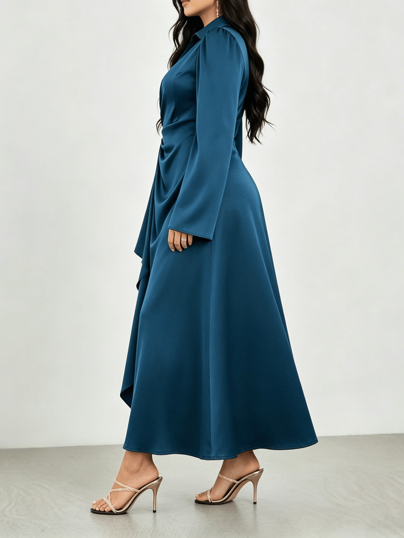Teal Draped Satin Maxi Dress with Brooch Detail
