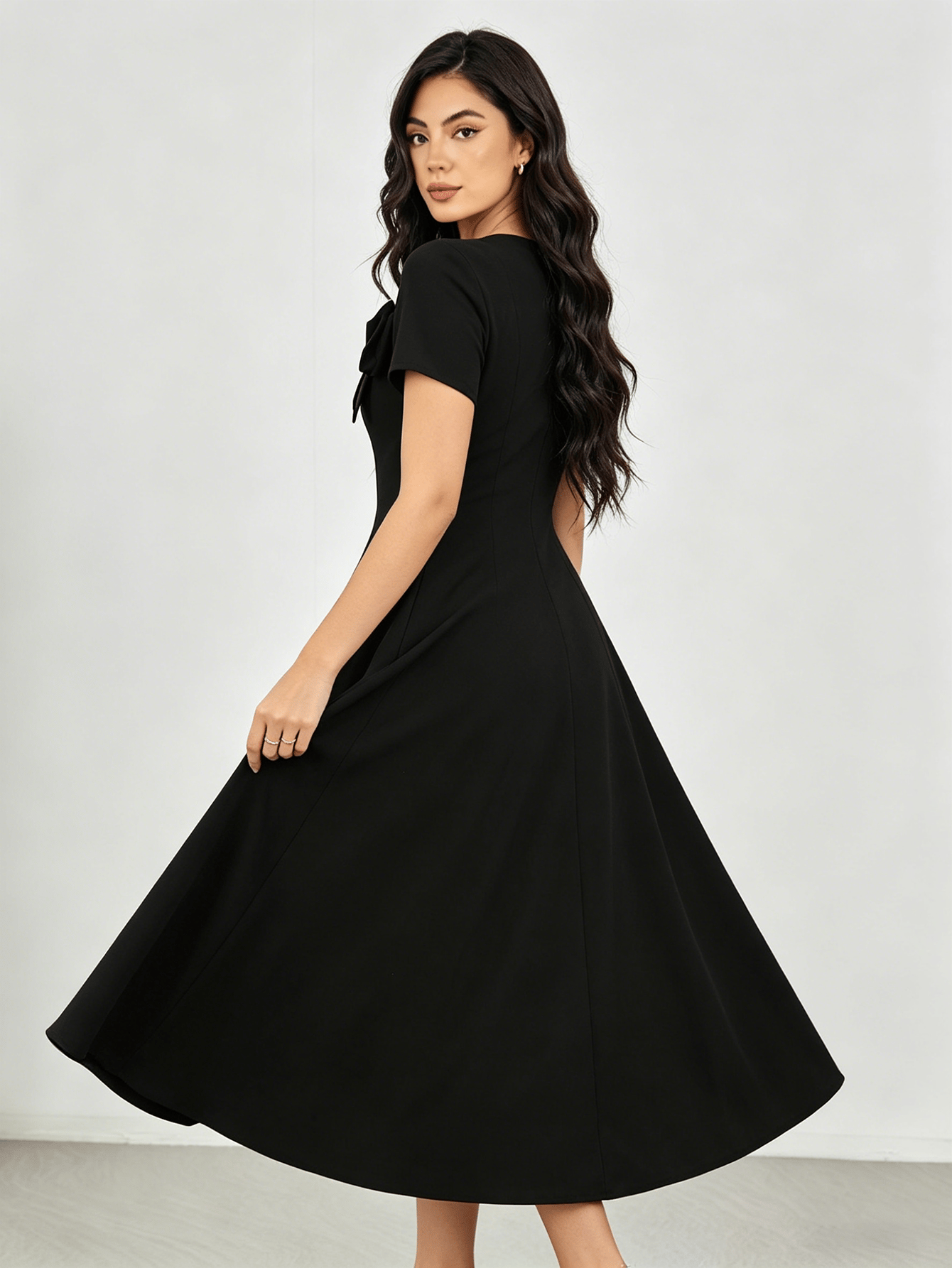 Black Bow Detail A-Line Midi Dress
