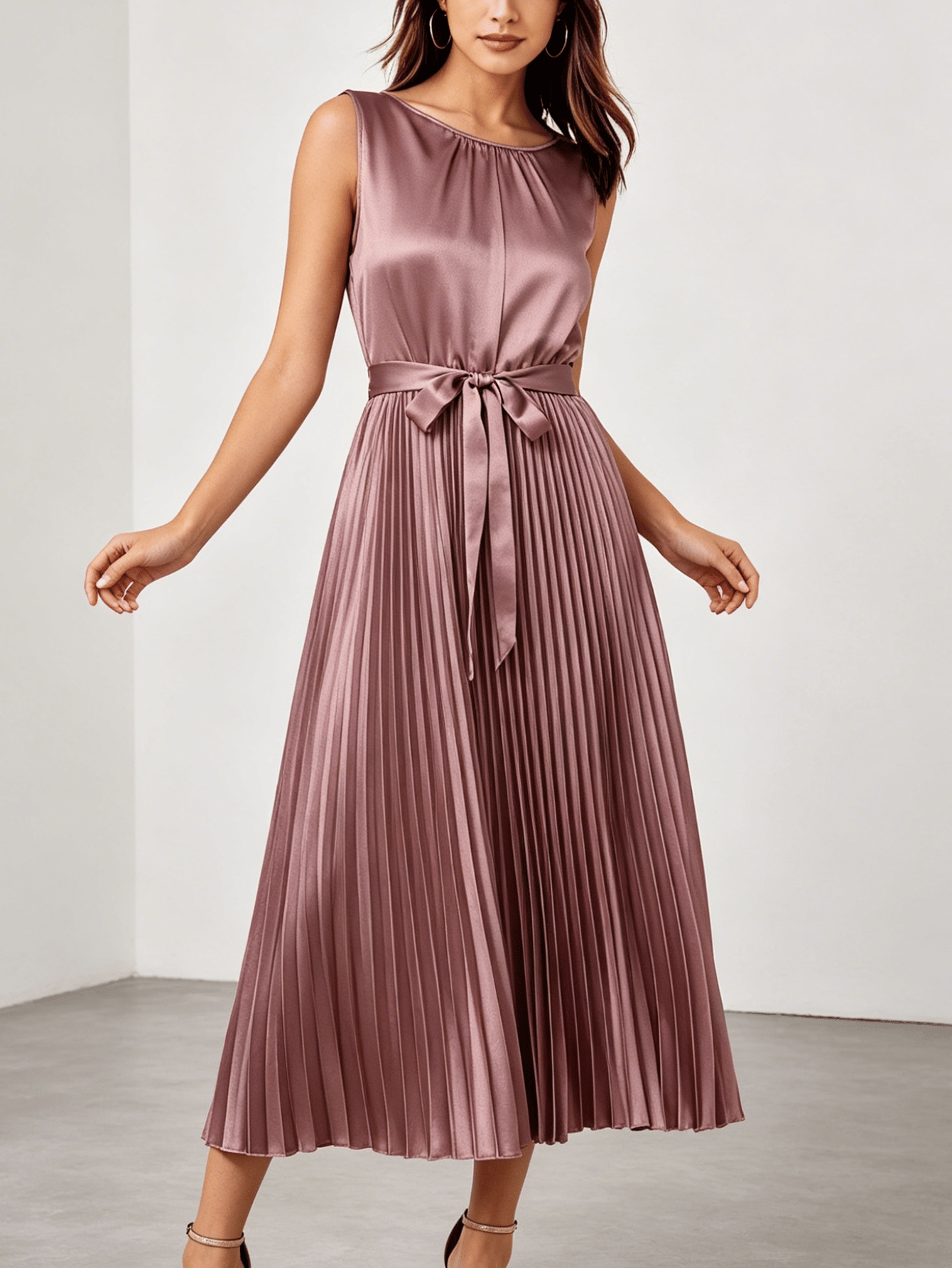 Dusty Rose Satin Pleated Midi Dress with Tie-Belt