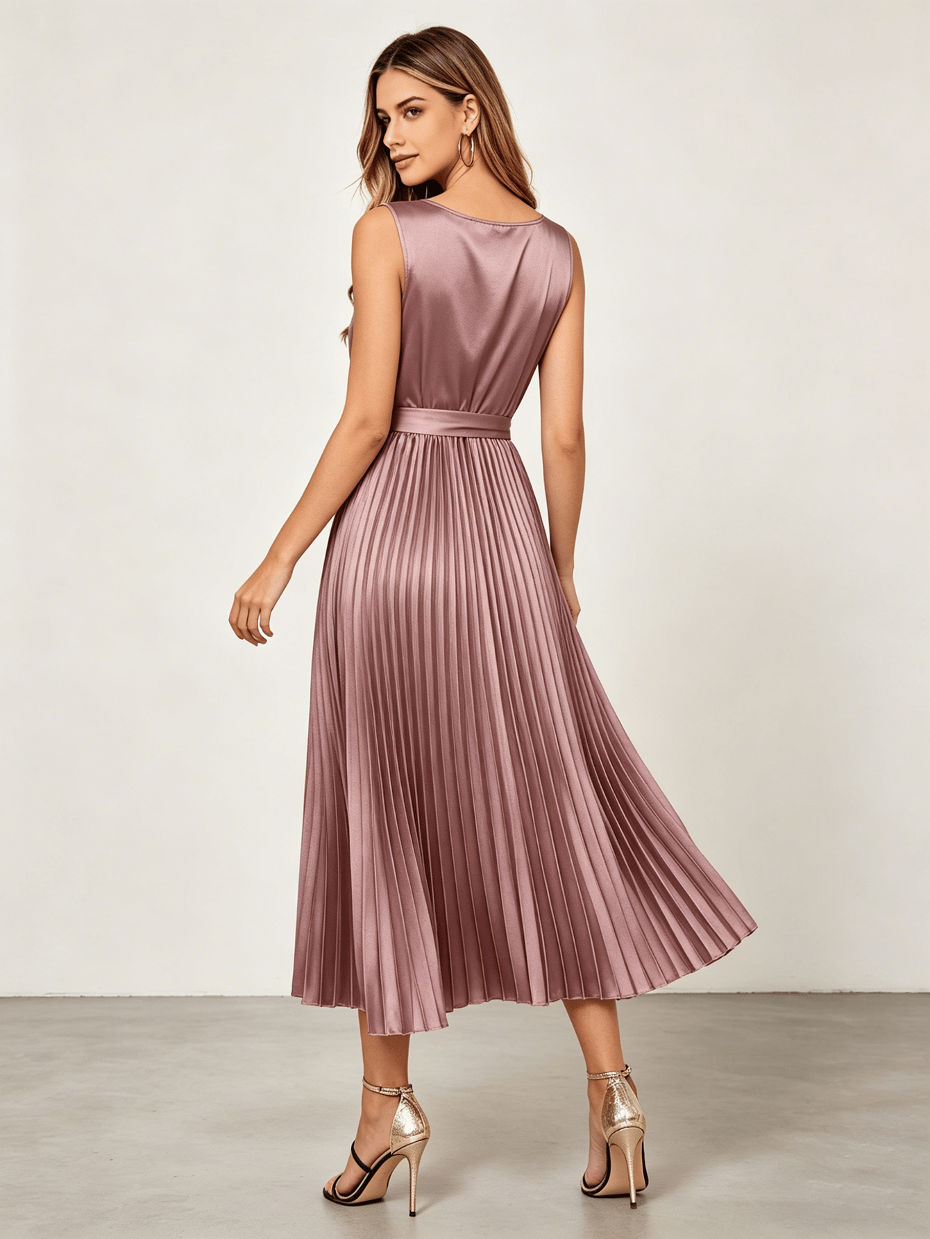 Dusty Rose Satin Pleated Midi Dress with Tie-Belt