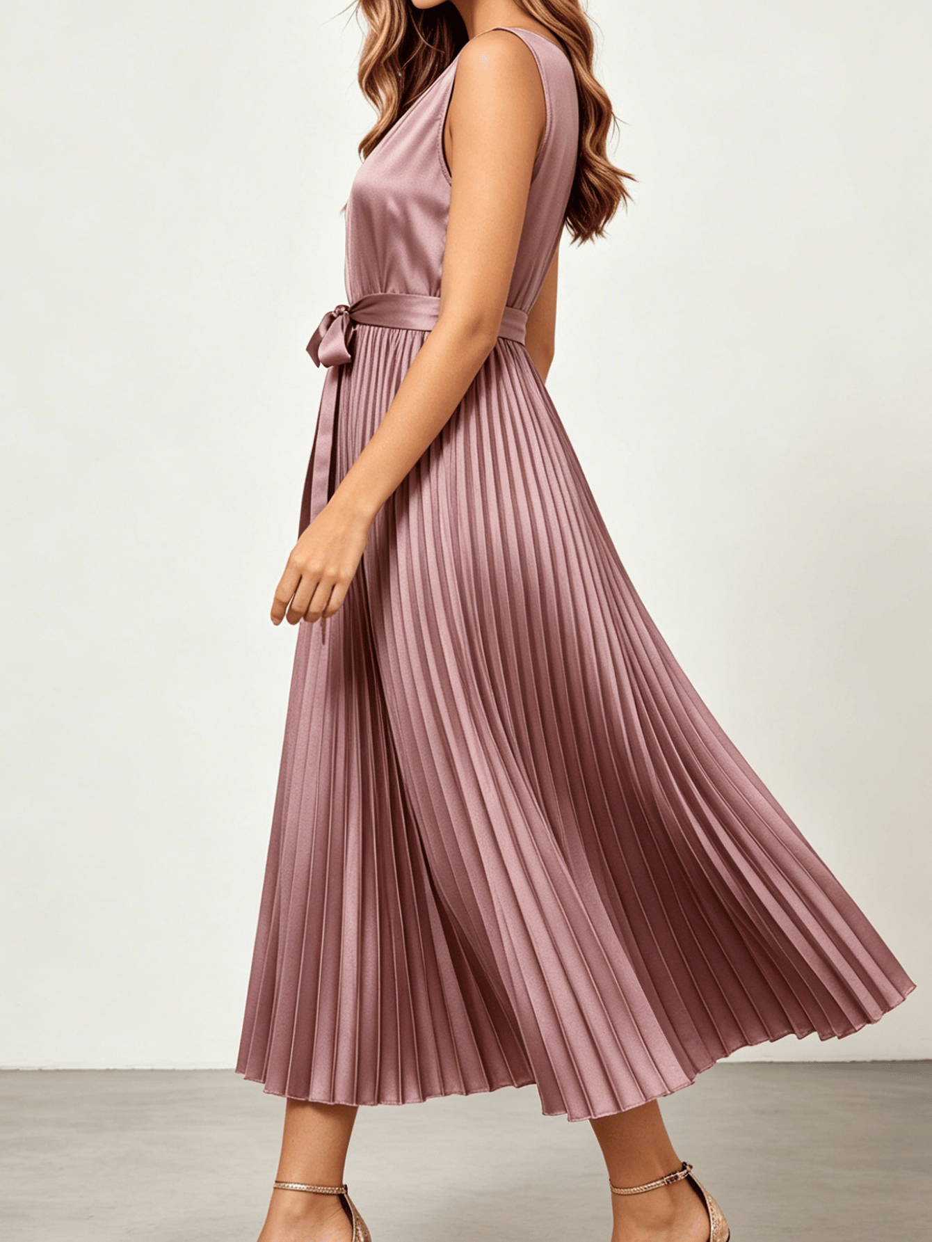 Dusty Rose Satin Pleated Midi Dress with Tie-Belt