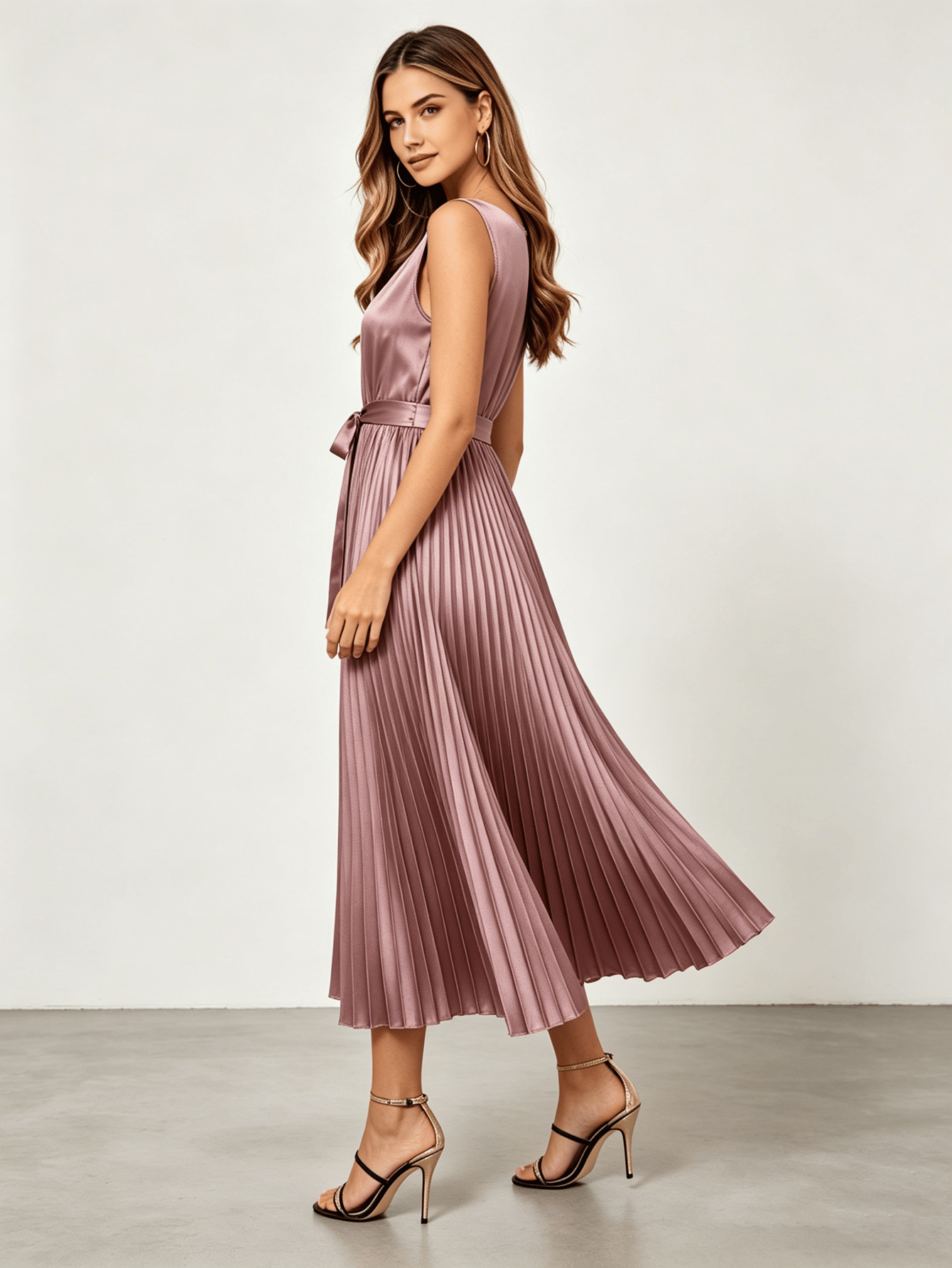Dusty Rose Satin Pleated Midi Dress with Tie-Belt