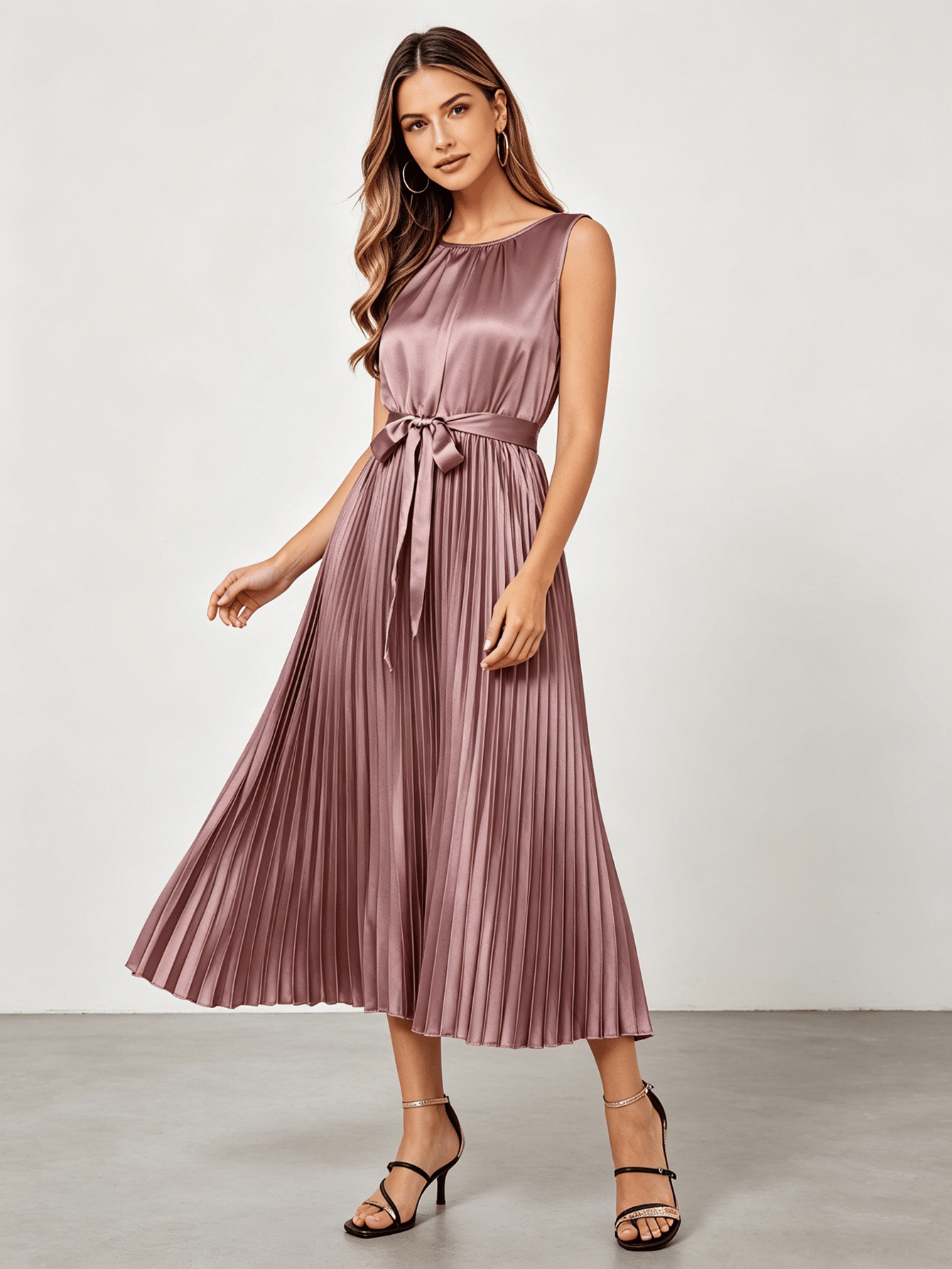 Dusty Rose Satin Pleated Midi Dress with Tie-Belt