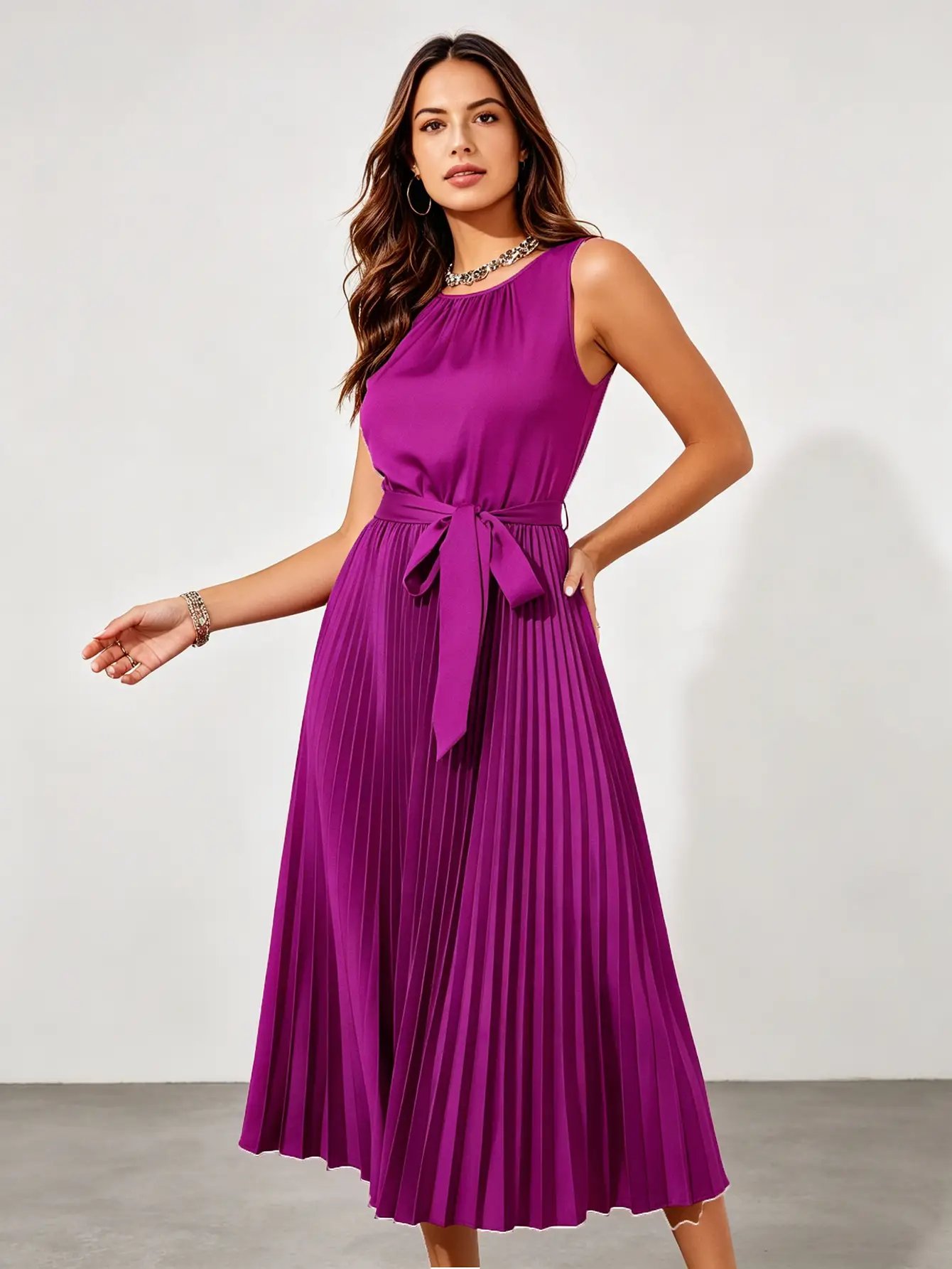 Purple Satin Pleated Midi Dress with Tie-Belt